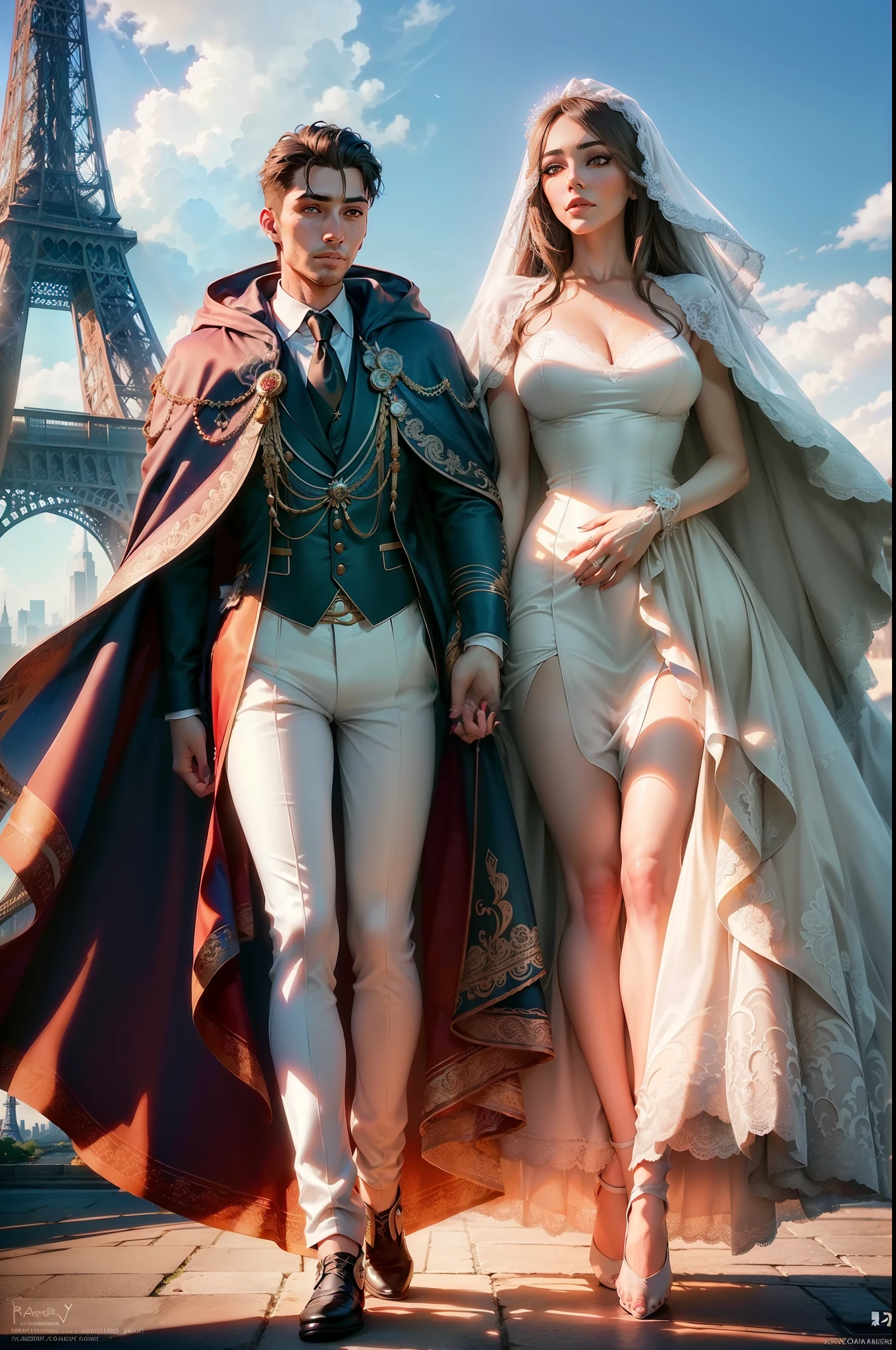 (generate a beautifull bride and a handsome groom, pre wedding photoshoot, eiffel tower background, luxury wedding gown. (luxury cloak), beautifull sky, beautifull scene, beautifull face, pretty face, beautifull eyes, beautifull nose, raytracing, beautifull fingers, beautifull hands, (4 fingers in 1 hand), full body photoshoot, pretty makeup, perfect anatomy, good lighting, professional photoshoot, sharp eye, fresh lips