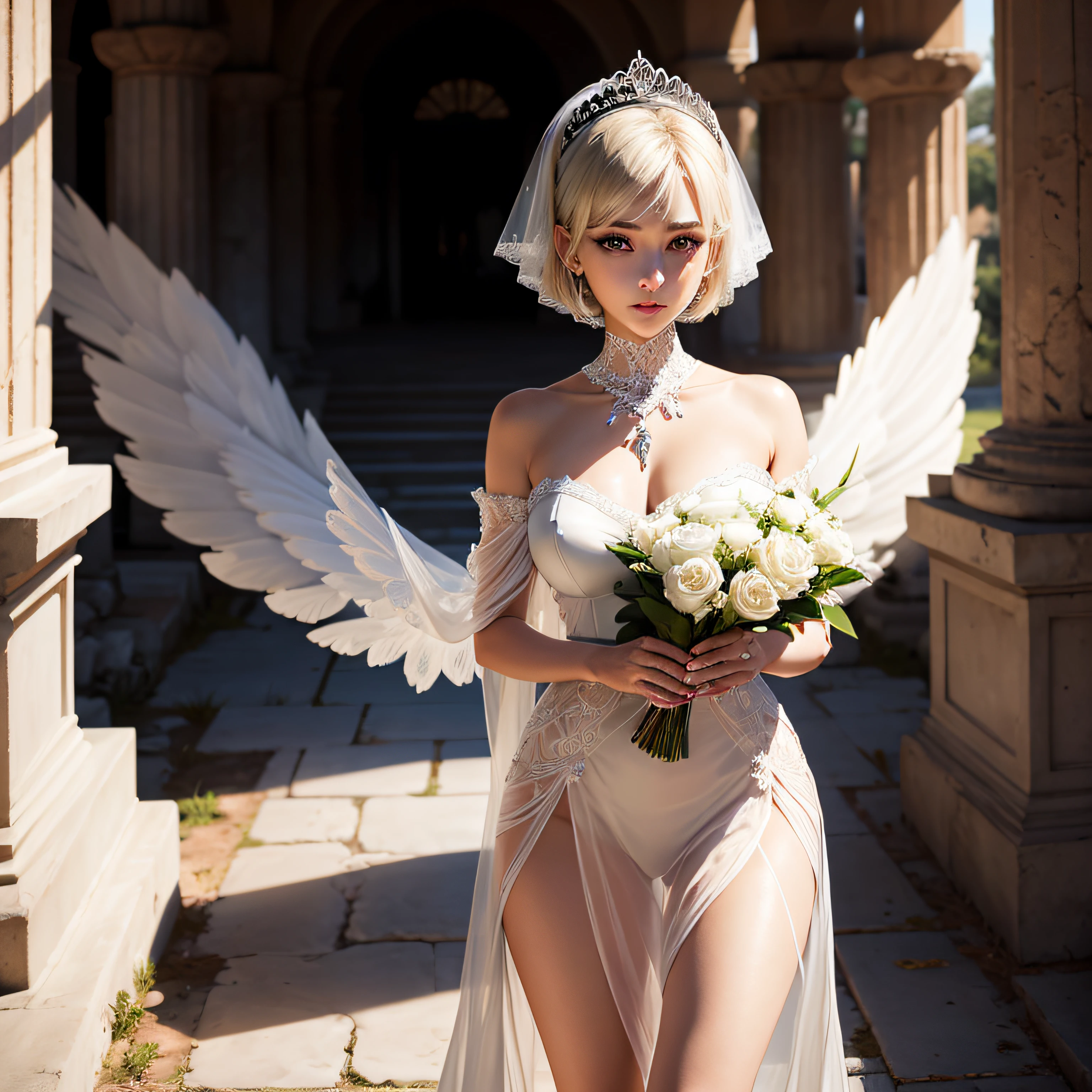 Ancient Greek ruins where only pillars remain、Walk in front of the fountain、Full body posture、8K、realphoto、超A high resolution, Master Parts, Best Quality, nffsw , cinematic images,Lovely girl、ann、18year old、Anglo-Saxon、二重まぶた、drooing eyes、Very big eyes、Dark eye shadow、The lips are very thin、The nasal muscles stretch beautifully、the tip of the nose is small,,,,, ighly detailed , Dark gold hair、Straight short hair、ssmile、 Sweet look 、a very beautiful woman、legs are long、 Very clear shadows , jewely , A sexy , A detailed eye, very intricate, shiny skins , Perfect Brilliant, Perfect Lighting, Dramatic shadows ,White tiara on head、Greek see-through white dress、Dress is a see-through mini skirt、See-through white lace angel wings behind shoulders 、High Heel Glass Shoes、Lace white gloves、holding a bouquet of white flowers with both hands、White see-through veil from the back of the head、Silver necklace around the neck、