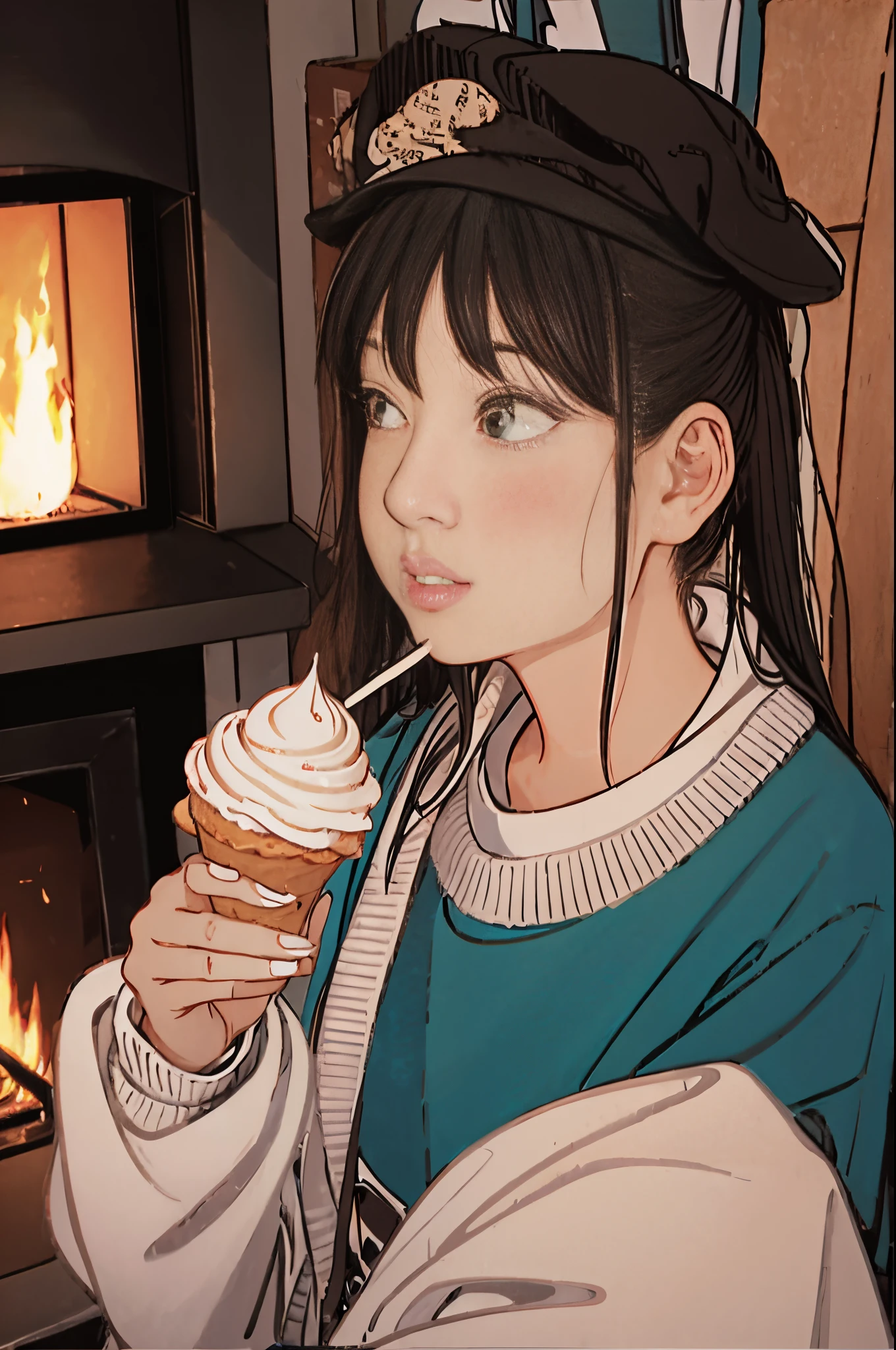 fireplace、Beautiful woman eating ice cream、Warm sweater、top-quality