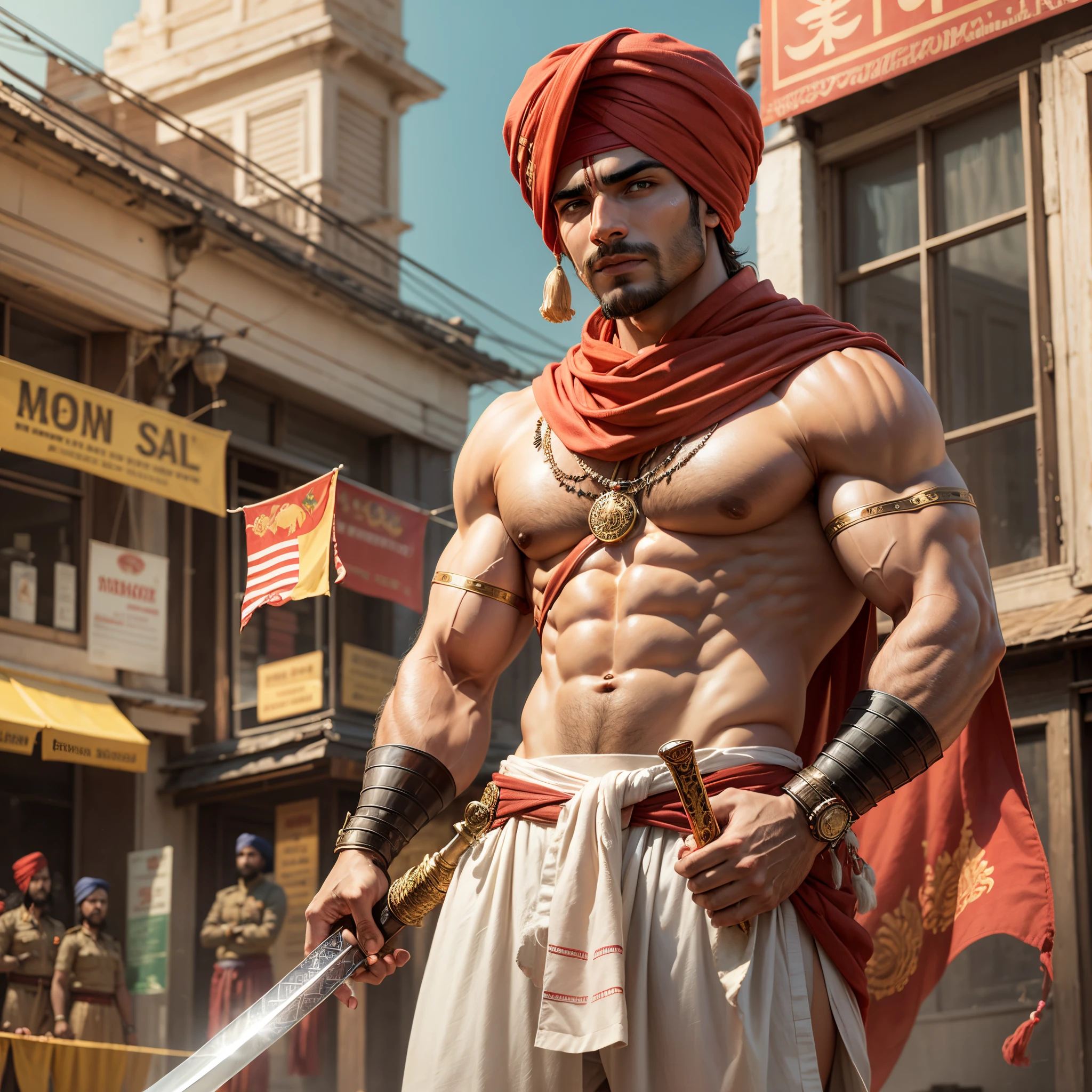 a muscular man wearing dhoti and red rajasthani turban sword and saffron flag in his hand in front of a Indian place with army details face --auto --s2