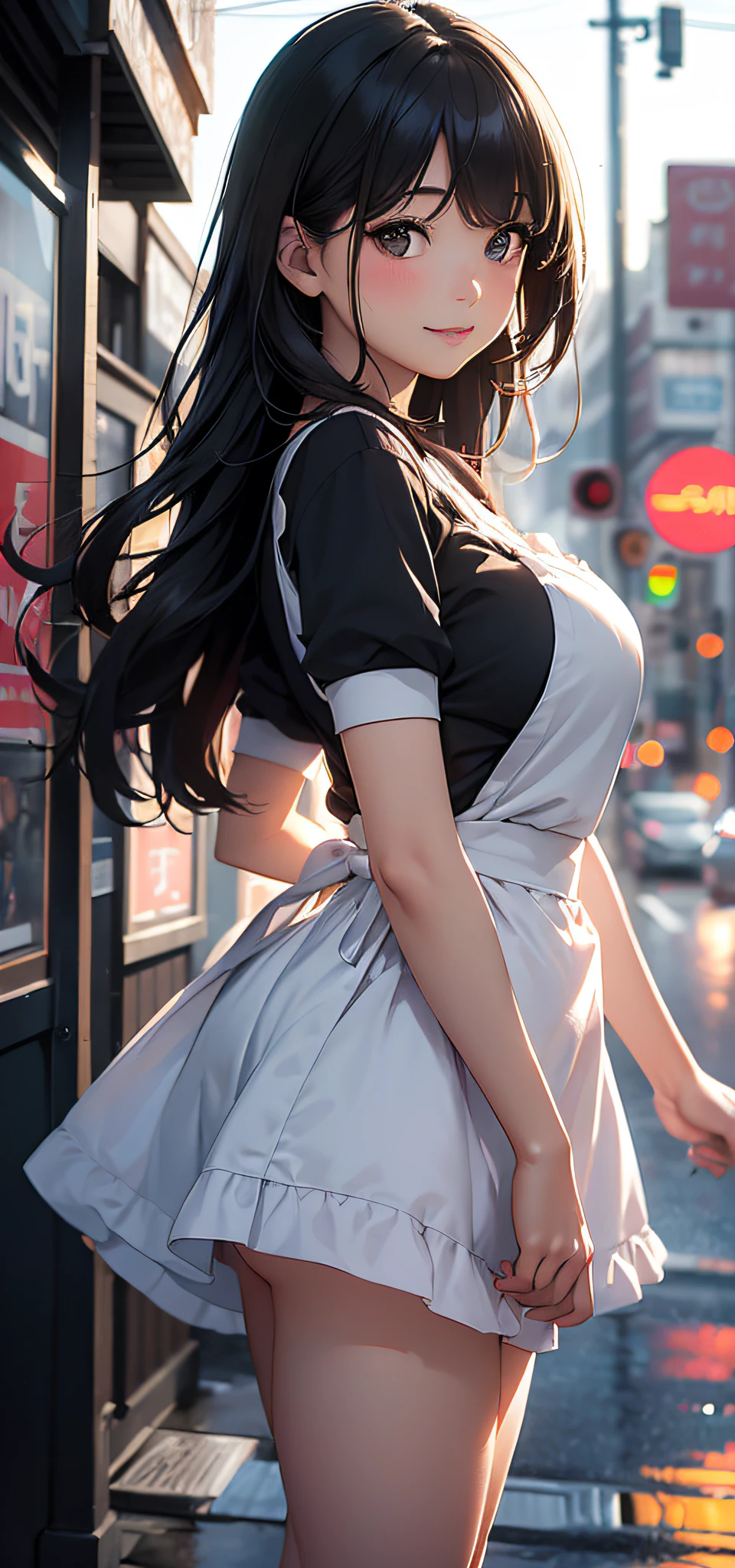 (8K, Best Quality, masutepiece:1.2), (Realistic, Photorealsitic:1.37), Ultra-detailed, Best Quality, 超A high resolution, Professional Lighting, photon maping, Radio City, Physically-based rendering, Cinematic lighting,
Pedestrian street, Heavy rain, depth of fields, Sharp Focus, rays of sunshine, Well structured,(Bokeh:1.2)
1girll,Solo,(full body Esbian),Beautiful detailed eyes, Smile Face, Pose, Narrow waist, Oversized breasts, ((Transparent Apron)),
Black hair, hair messy, long hair floating in the wind,(ulzzang-6500:1.2),nakeness,