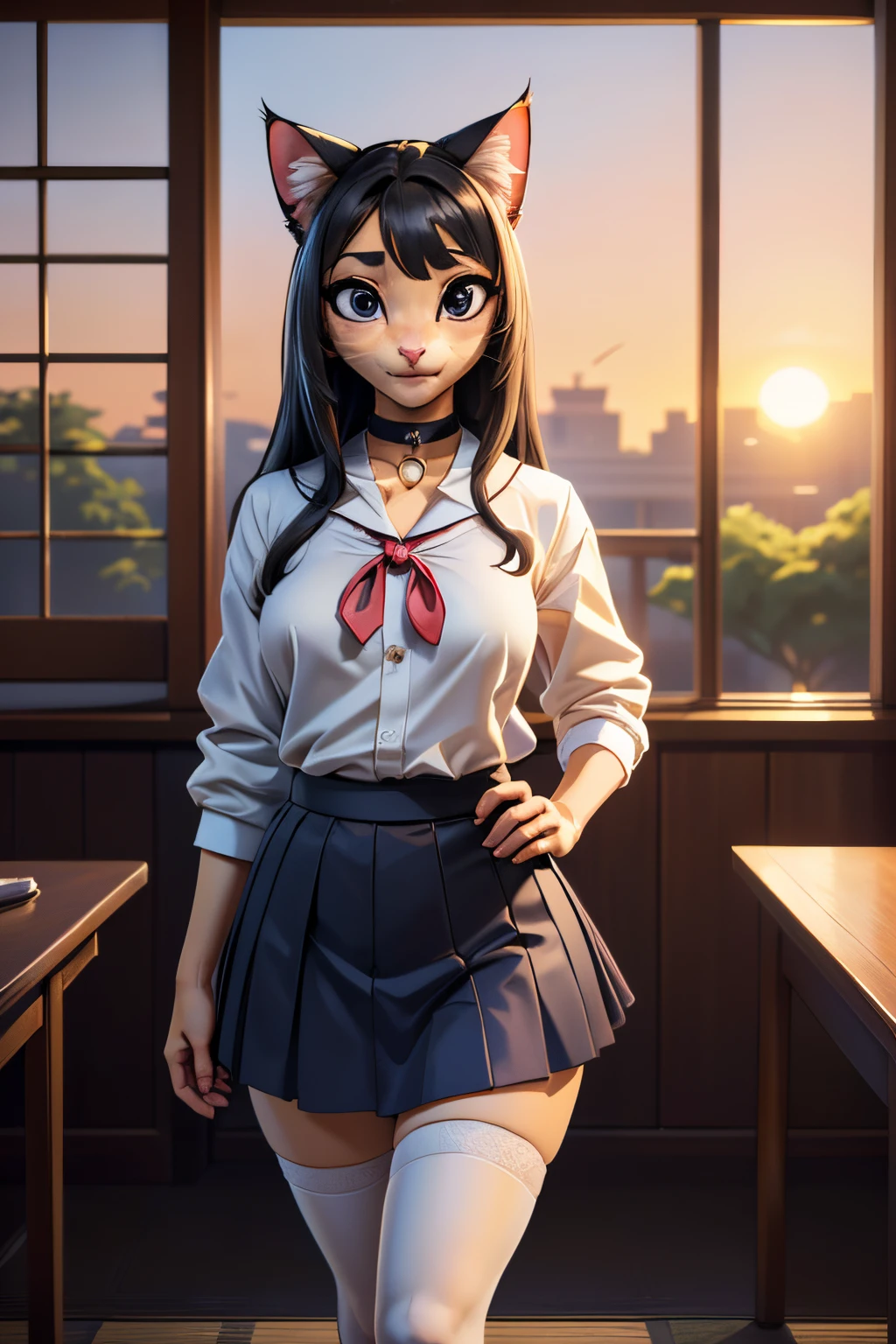 ((ultra quality)), ((tmasterpiece)), Girl-khajiit, Japanese school girl, anthro cat, furry, ((Black long hair)), ((there are only cat ears)), ((There is a cat's long tail in the back)), Beautiful cute face, beautiful female lips, charming beauty, ((Kind expression on his face)), looks at the camera with his eyes slightly closed, ((Skin color: white)), ((there is cat hair on the body)), Body glare, ((detailed beautiful female eyes)), ((kblack eyes)), beautiful female hands, ((perfect female figure)), ideal female body shapes, Beautiful waist, big thighs, Beautiful butt, ((Subtle and beautiful)), standing seductively by the window ((closeup face)), ((Dressed in Japanese school uniform, dark blue skirt, dark blue knee socks, brown shoes, black choker around the neck), background: The Japanese School, Japanese School Class, beautiful sunset outside, ((Depth of field)), ((high quality clear image)), ((crisp details)), ((higly detailed)), Realistic, Professional Photo Session, ((Clear Focus)), ((cartoon)), the anime, NSFW