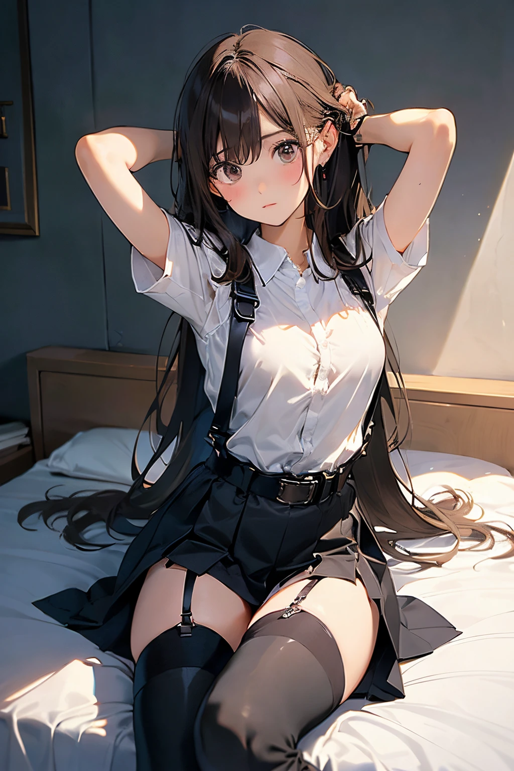 Brown hair、watching at viewers　　　black suspenders　　　Bulging big breasts　　 　 　　　walls: 　Black miniskirt　garters　　　　　　Gaze　　　Small face　bangss 　　　holster　　　Beautuful Women　　hands up　　Leg holster lying on the bed　　Gaze 　black boots panty shot　provocation　flank　Armpit sweat　soio