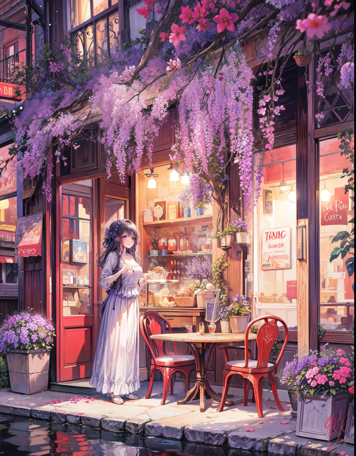 painting of an a old floral street cafe,french, beautiful scenery, stone pavement , purple colour theme, wisteria flowers hanging over cafe,((glistening look)),ghibi style, hd, High quality, water reflection, bushes,4k hd, cloud,beautiful art uhd 4 k, a beautiful artwork illustration, beautiful digital painting, highly detailed digital painting, beautiful digital artwork, detailed painting 4 k, very detailed digital painting, rich picturesque colors, gorgeous digital painting