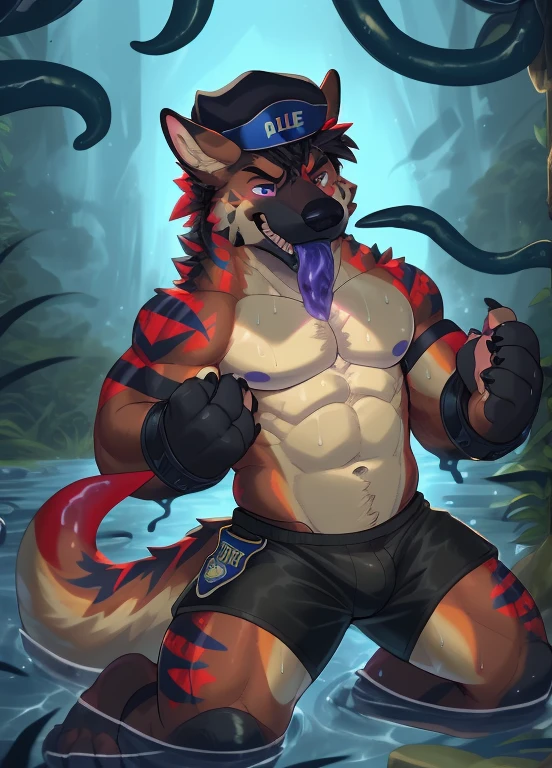 Common, human character (german shepherd), male people, brown body,Black stripes，sharp talons，White belly, Purple eye, wastelands, swamp edge, natta, sport, eyes glowing, Dark, ((Police cap，Shabby black shorts, Holding top in mouth，Exposed body，red pattern: 1.2)),dimly lit，Lumpaulin，（tentaculata），（Slimy），Sweaty legs，kneel，Bound by tentacles，Water production，canineteeth，k hd，dark dark shadow，Wide dynamic range，HighDynamicRange，Low light：1.2，pinodheny，（by ruadri), by virtyalfobo