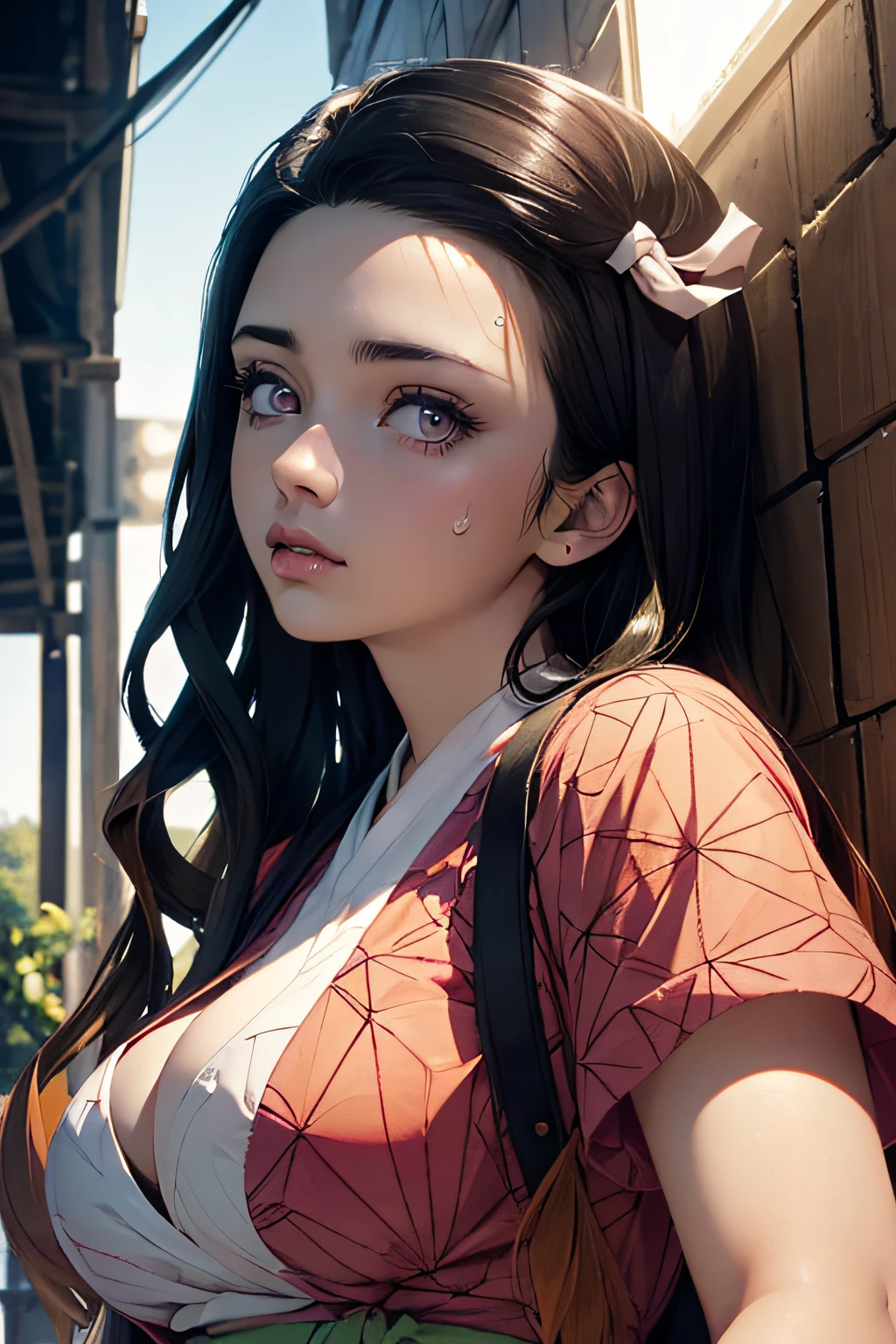 (Ultra Real), (Illustration), (High Resolution), (8K), (Very Detailed), (Best Illustration), (Beautiful Detailed Eyes), (Best Quality), (Ultra Detailed), (Masterpiece), (Wallpaper), (Detailed Face), Night Up Upper Body, Ice Cream,Long Hair,Solo,Simple Kimono Top Girl, Sweaty, Japan Person, Big Tits, (Camel Toe) Nezuko Kamado,