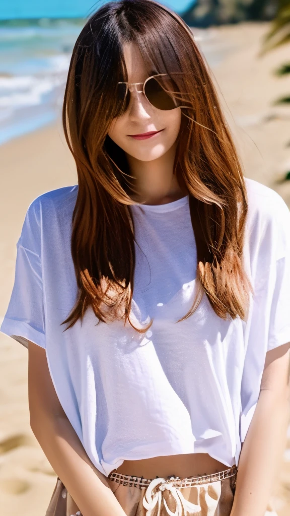 age19、White T-shirt、semi long hair、Beautie、kawaii、Orange Hot Pants、sand beach、