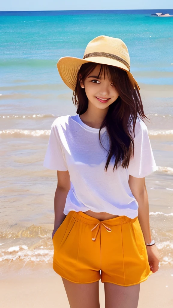 age19、White T-shirt、semi long hair、Beautie、kawaii、Orange Hot Pants、sand beach、