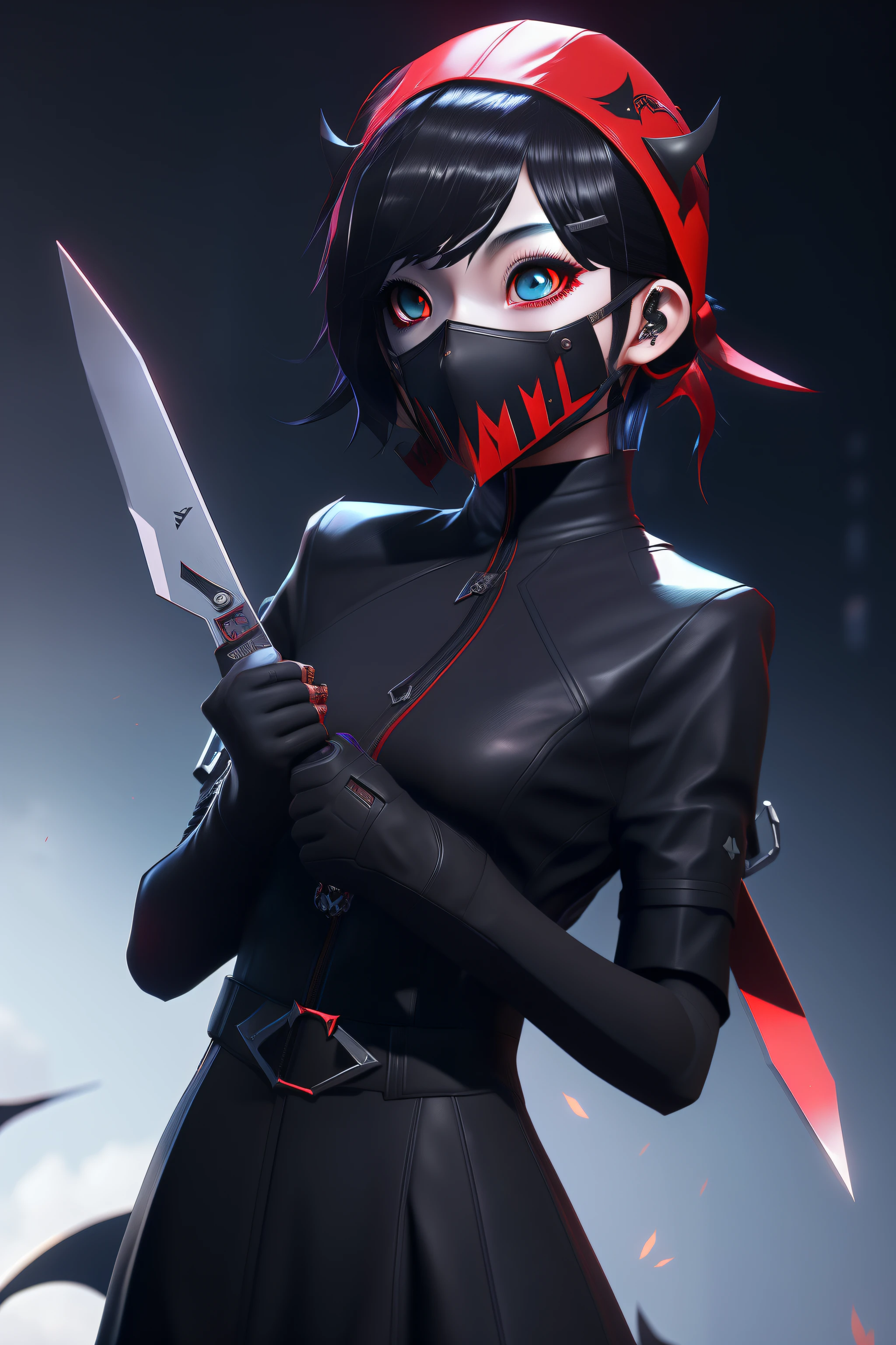 Anime girl wearing red devil mask holding scissors, jet from valorant, badass anime 8 k, stylized anime, Artgerm and Atey Ghailan, omen from valorant, an edgy teenage assassin, Wojtechfors, persona 5 art style wlop, goth ninja, 3D rendering character art 8k, Female Assassin