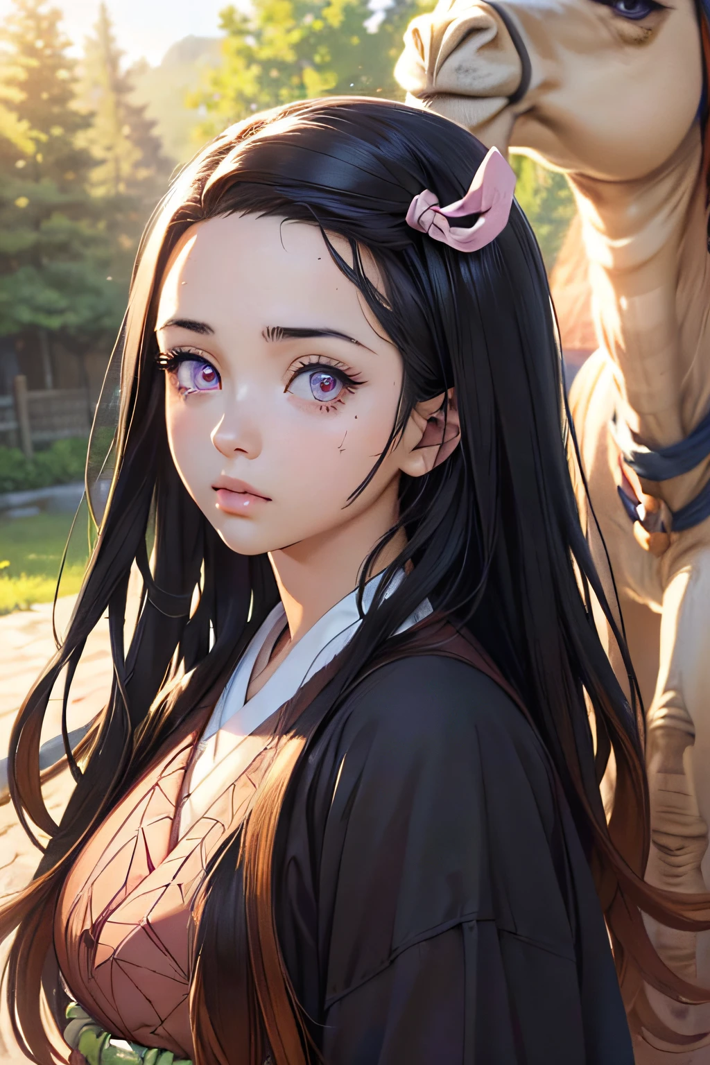 (Ultra Real), (Illustration), (High Resolution), (8K), (Very Detailed), (Best Illustration), (Beautiful Detailed Eyes), (Best Quality), (Ultra Detailed), (Masterpiece), (Wallpaper), (Detailed Face), Night Up Upper Body, Ice Cream,Long Hair,Solo,Simple Kimono Top Girl, Sweaty, Japan Person, Big Tits, (Camel Toe) Nezuko Kamado,