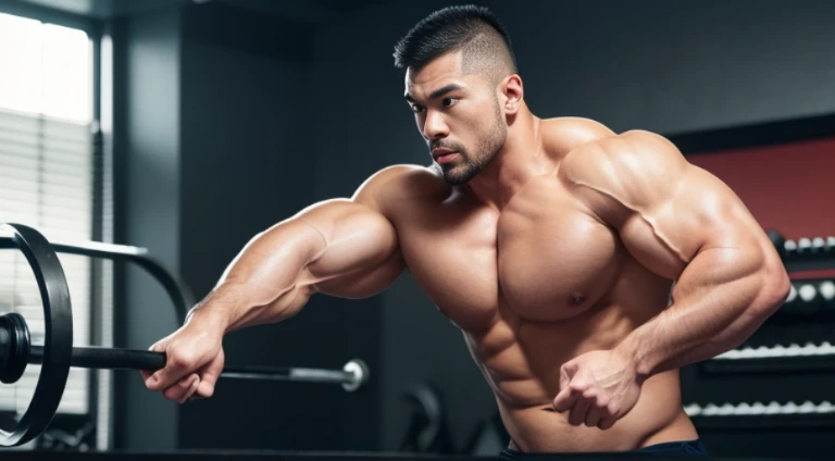 (Very detailed 8k wallpaper), Strong Asian Men, At the gym, high detailing, buzzcut, very large and strong body, bulging muscles, well-muscled, very large pectoral muscles. Very sexy abs, legs are muscular, Toned figure, lightens oily skin, muscular, Tank top, T-shirt, longshot, Wide Shot
