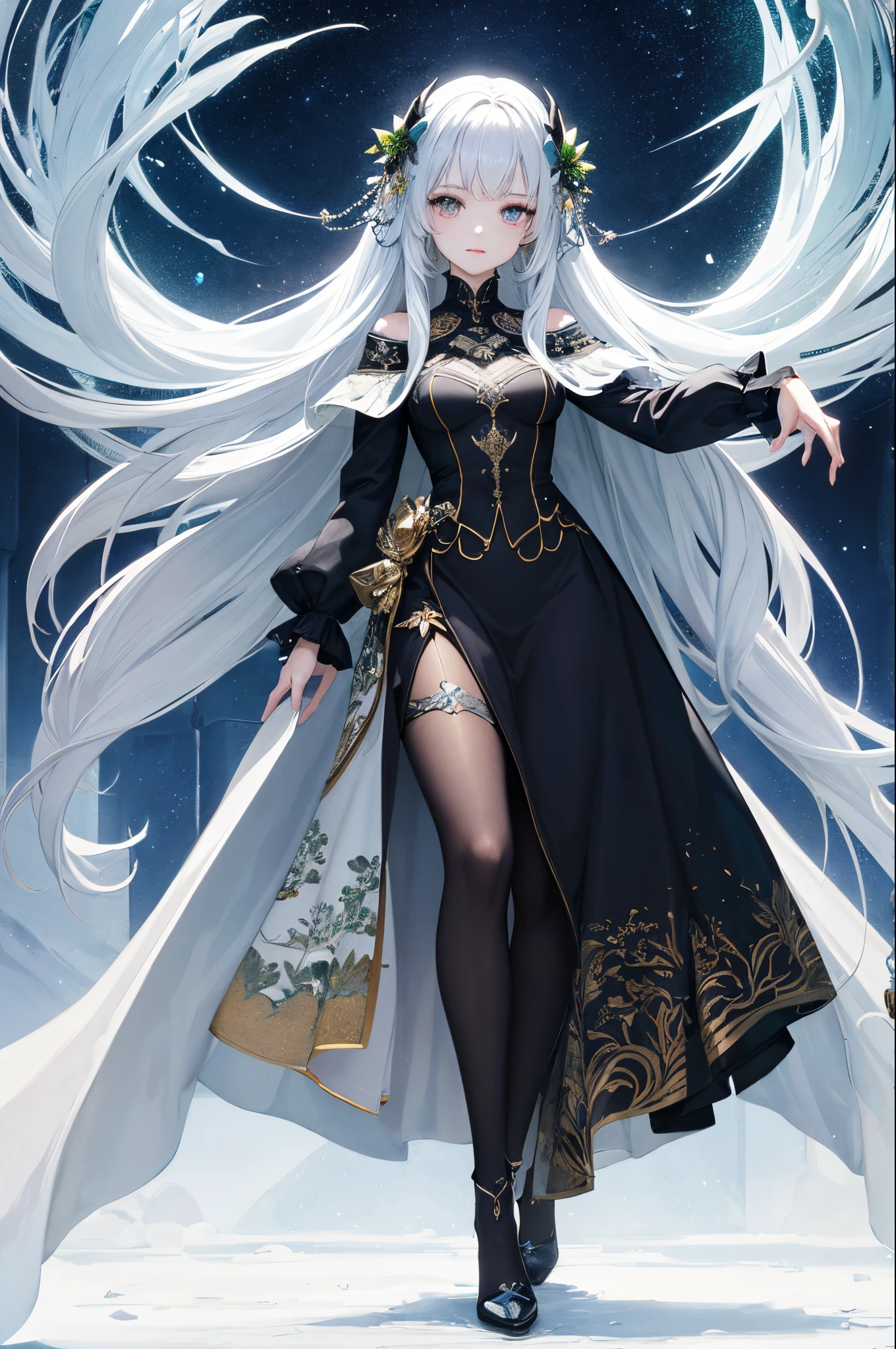 ultra-detailliert、anime illustrated、2D Beautiful Girl、top-quality、Top image quality、​masterpiece、超A high resolution、android beautiful girl、sixteen years old, Glowing white cyber suit,She has long white hair that is braided.、Iridescent eyes、A slender、(The face is depicted in detail)、(The eyes are very detailed)、The clothes are also depicted in detail、hiquality、Beautiful Art、Fantastic Universe、Elaborate design、soio、goddess of green flowers、animesque、illustratio、Full body front
