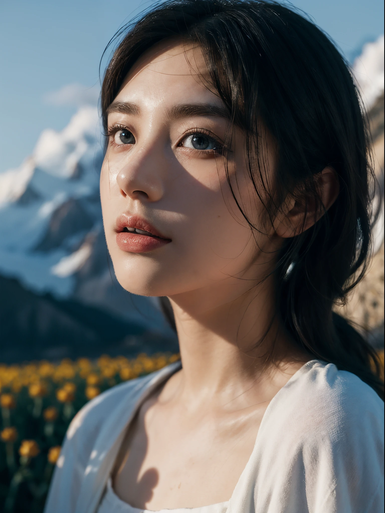 ((Pure beauty:0.8+ultra-realistic realism:1.2)，White skin texture:1.2，eyes with brightness:1.1)，lightand shade contrast:1.1，high textured:1.1，Picture quality:Ultra HD:1.3，The upper part of the body，tall nose bridge,dynamic angle，Clouds and mountains，Flower field in the foreground，Light tracing，realisticlying，offcial art，Unity 8k壁纸，ultra - detailed，Beautiful and beautiful，tmasterpiece，best qualityer，Glowing skin，cinmatic lighting。