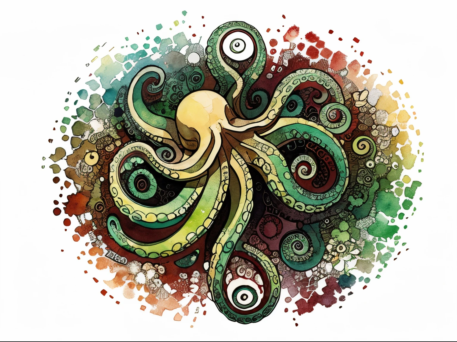 octopus made with watercolor and ink illustration and the background of the image makes reference to the financial market, fibonacci ratio that has and has the colors green, vermelho, branco e preto predominantemente