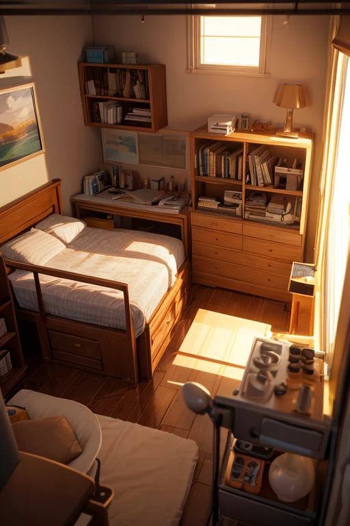 3D 3D modeling room, Tom Whalen style, distillation of form, tiny core, rich background, light brown and dark beige, scientific illustration, Toy core, gentlesoftlighting, dreamlike landscapes, 4KUHD, isometry, Tilt-shift top view 3D modeling bedroom room cute