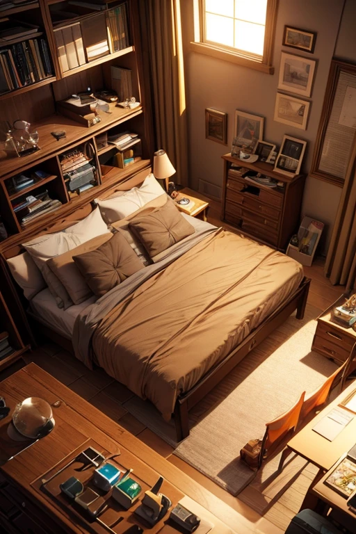 3D 3D modeling room, Tom Whalen style, distillation of form, tiny core, rich background, light brown and dark beige, scientific illustration, Toy core, gentlesoftlighting, dreamlike landscapes, 4KUHD, isometry, Tilt-shift top view 3D modeling bedroom room cute