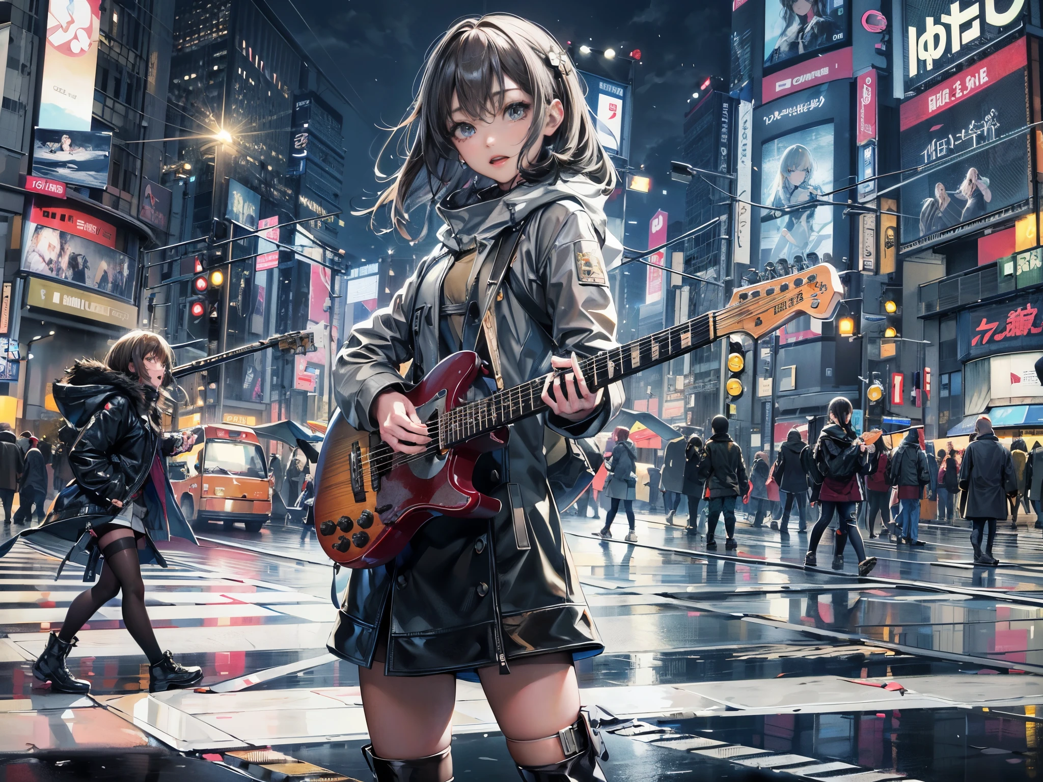 Cinematic lighting,16 K.Top image quality、Highly detailed quality illustrations、super detailed skin、Beautiful detailed eyes、Best Quality,Perfect Anatomy,(Detailed beautiful facial features:1.3)Modern Shibuya crossing in winter、Mode rock girl playing guitar.,(knee high、kneehigh boots:1.5) (plays the guitar:1.6)Lively、Acrobatic、emotional、(Sing with a microphone、Enthusiasm、sing happily:1.5)knee high(Stand Microphone)(morning sun lighting:1.4)The center of the empty Shibuya Scramble Crossing in the early morning、Highly detailed feet.fullllbody