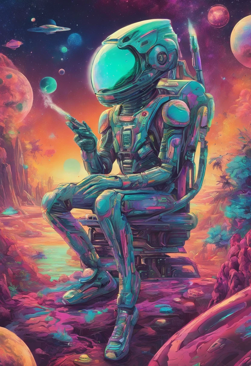 Create alien in space smoking joint, weed, , colorful