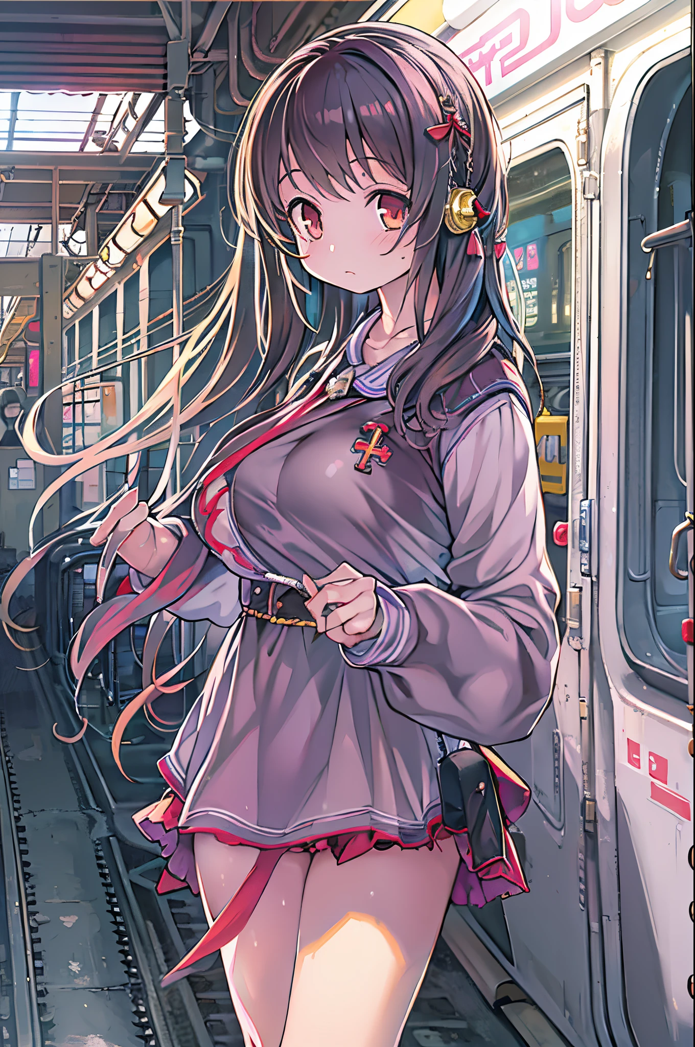 Anime Girl, Long hair, Beautiful clothes, 4K clarity, CG Station Pop, Station、railway、train, Seductive Girl, Attractive, Anime style, 8K, beautiful anime woman, Girl Front.