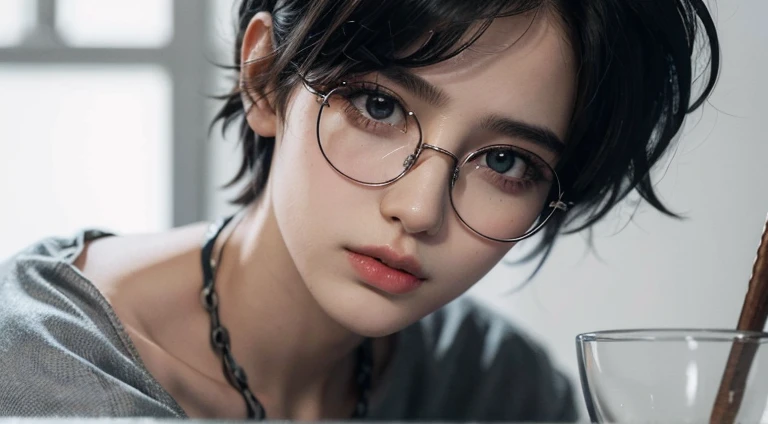 masterpiece, best quality, realistic, highly detailed, 1girl, solo, cowboy shot, different eyes color, glasses, short hair, black hair, medium breast, stylish T-shirt, Lips pierced, tatto on neck, beautiful girl, A tomboy face, Flat face without expression, detail eyes, detail hair, perfect lighting