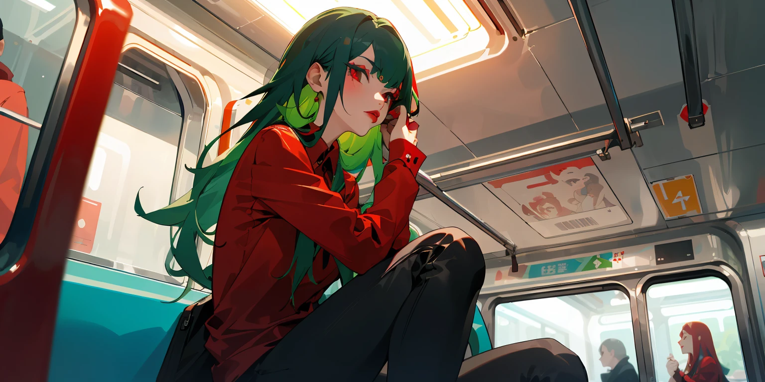 (masterpiece, best quality),1girl sitting on a subway train, looking to the side, subway car door, from below, solo focus, leather jacker, red shirt, long green hair, red lips, black makeup