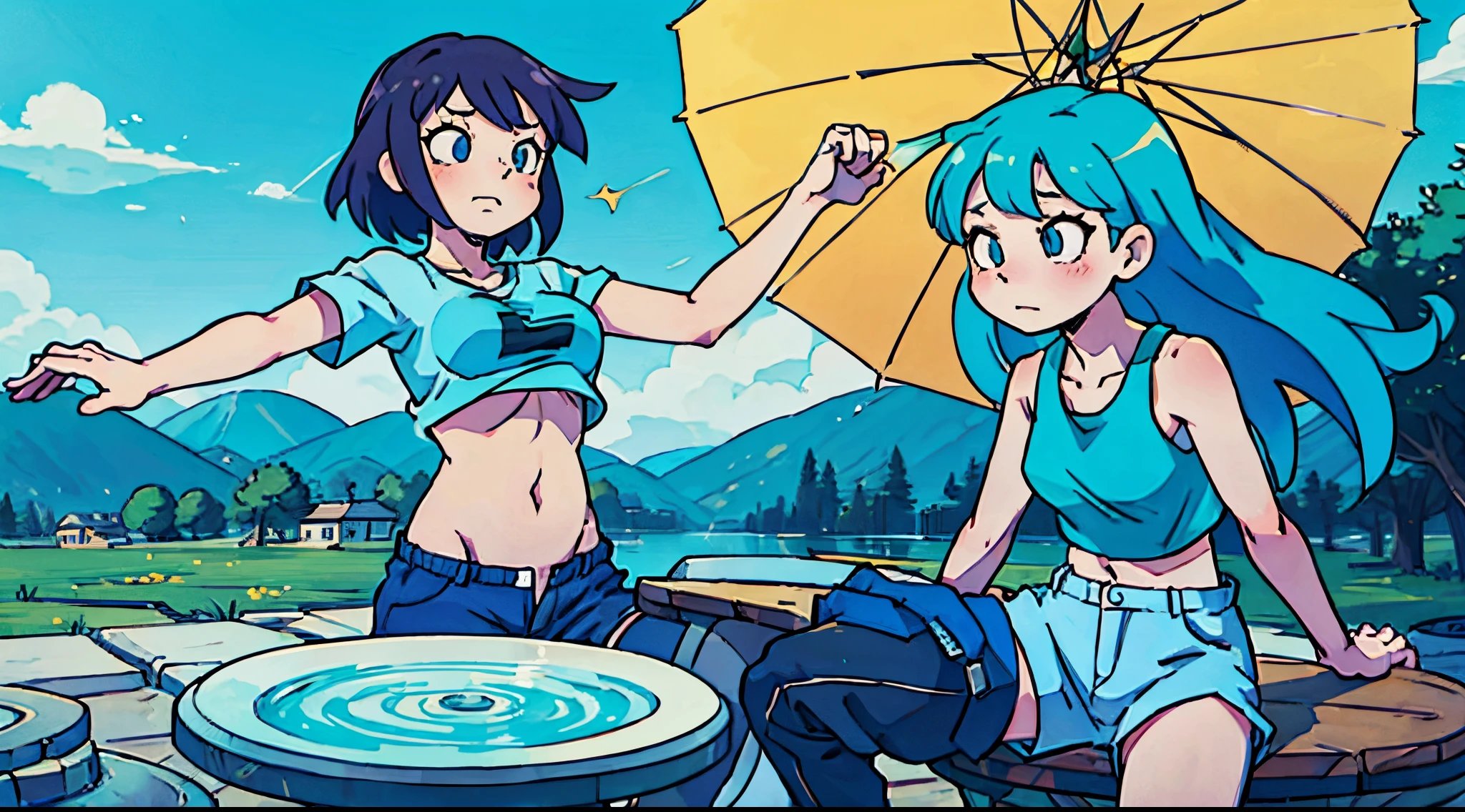 8k quality, high colours, Anthropomorphic girl, blue skin, (green hair), slim body, human face,red eyes, small breasts, green leafs like panties, green leafs like bra, clothes, NOT NAKED, 2 plant tentacles from back, hands on the belt, in a tropical forest, full body, on the lake, tiny hips, plant-based accessories or ornaments, front view,