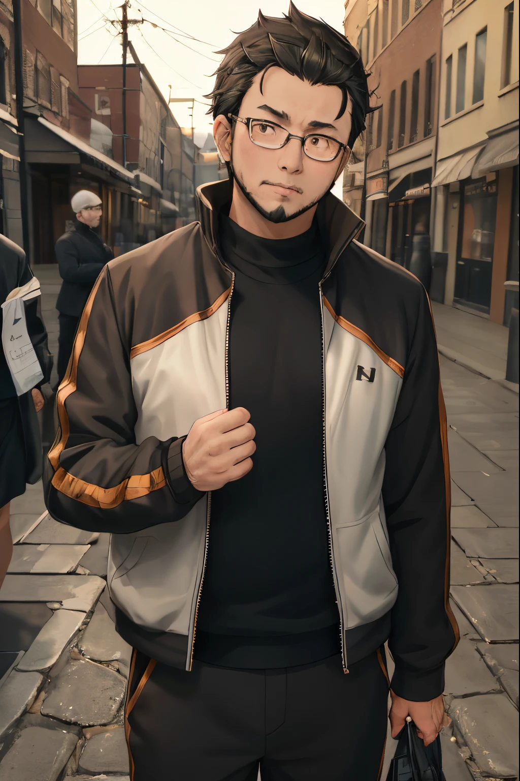 hight resolution, Sharp Focus, Pixiv masterpiece, ((Intricate details)), Highly detailed, natsuki_Subaru, Upper body, Standing, Brown eyes, Jacket, Black hair, Track jacket, hair slicked back,Black-rimmed glasses,fatness,Middle Age,Real Touch,a beard,The sides of the hair are short