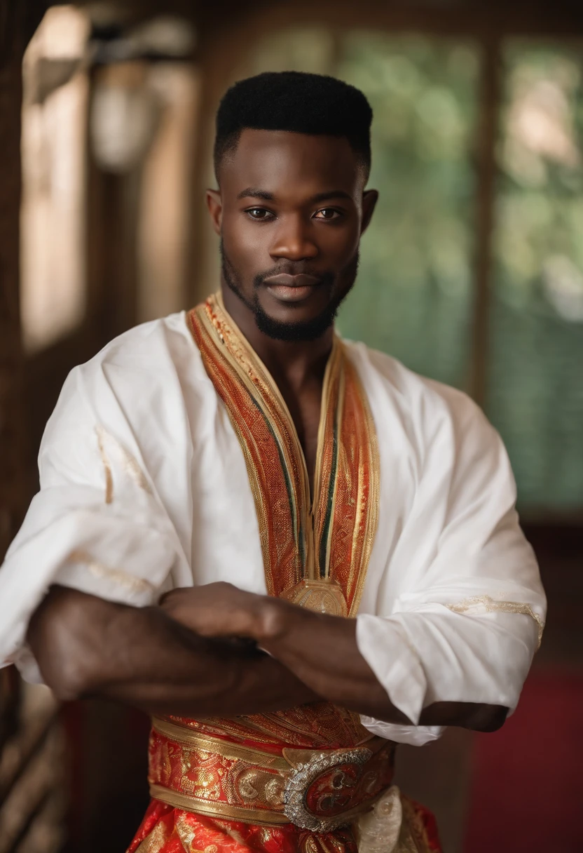 Adekunle is learning traditional Thai boxing in a local gym,original,Prince Adekunle Adebayo, a fictitious Nigerian royal, portrays himself with an aura of elegance and persuasive charm. He’s often seen in opulent, traditional Nigerian robes, his appearance crowned by a confident, yet earnest expression, designed to evoke trust and sympathy.