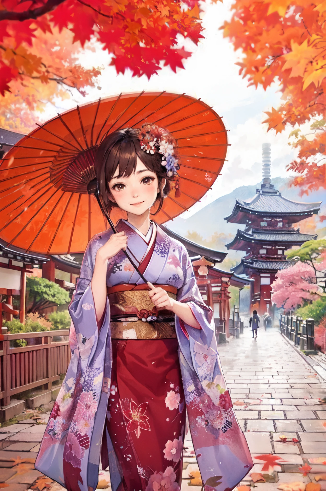 1lady standing, /(colorful kimono/), mature female, /(brown hair/) bangs, blush light smile, (masterpiece best quality:1.2) delicate illustration ultra-detailed BREAK holding a (Japanese umbrella) BREAK /(Japanese shrine in Kyoto/), /(trees autumn foliage/), /(bricks road/)