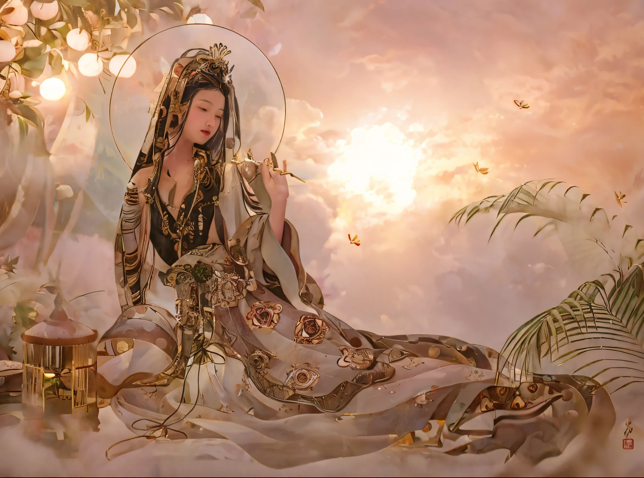 A naked Japanese goddess sits on a large golden sofa, Her large breasts are exposed、The hair is tied on both sides.、Hair ornaments and flower decorations of goddesses in Japanese mythology、Hair tied back, A woman's background with a golden dragon flying in the sky、The setting is the era of Japanese mythology、The woman is looking straight at me with her big eyes.。.。