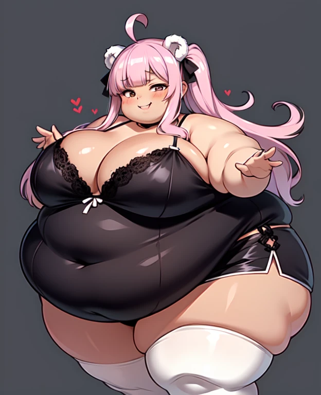 (masterpiece, best quality), intricate details, obese1girl, pink hair, long hair, curly hair, ahoge, blunt bangs, hime cut, side ponytail, big cheeks, (((dark skin))), heart-shaped brown eyes, retina, half-closed eyes, fangs, bear ears, huge breasts, cleavage, thick thighs, fat arms, fat belly, fat butt, mole, wide hips, thighhighs, short shorts, lace, seductive smile, super detail, high details, high quality, best quality, highres,