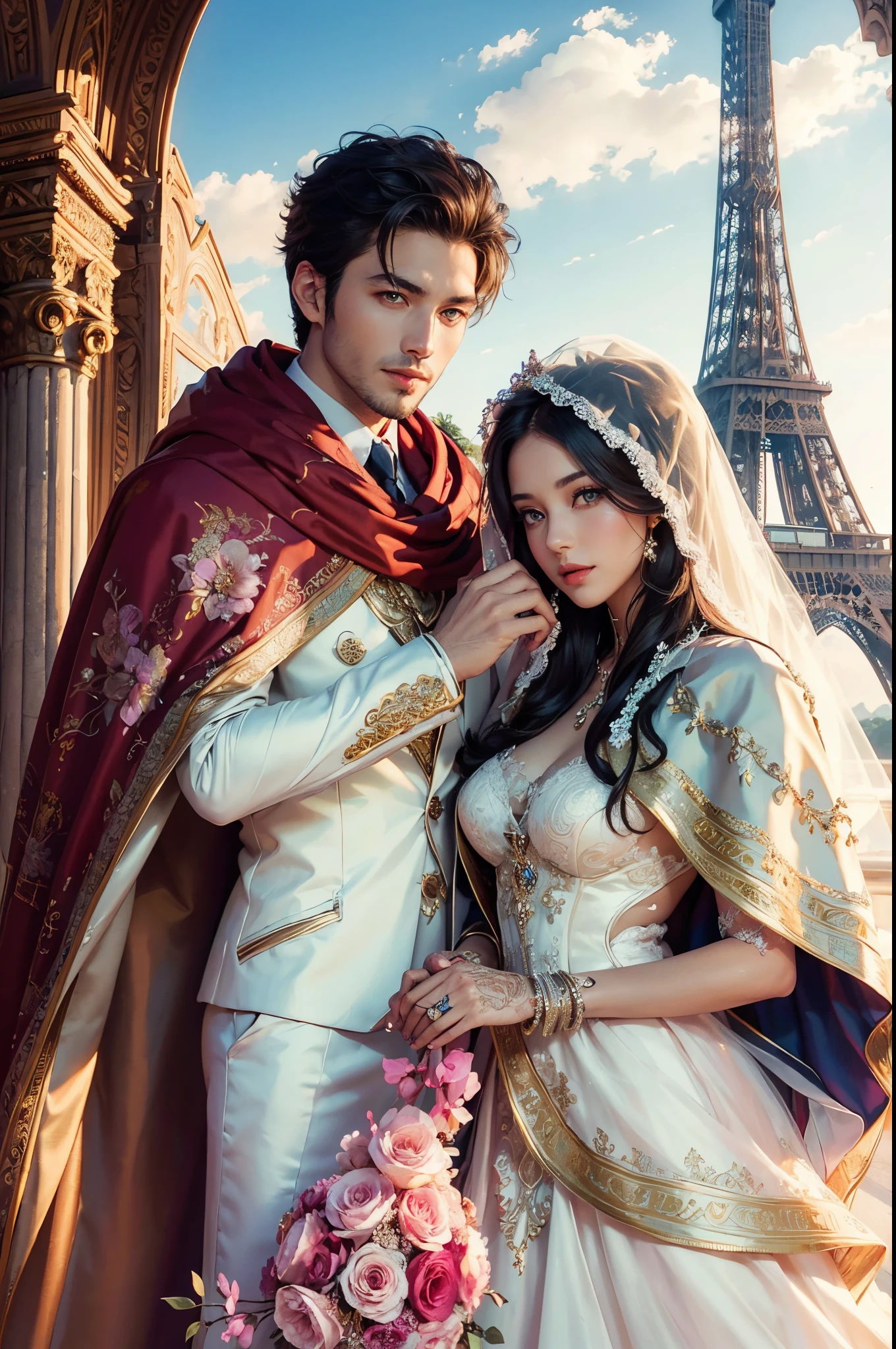 (generate a beautifull bride and a handsome groom, pre wedding photoshoot, eiffel tower background, luxury wedding gown. flower decoration, (luxury cloak), beautifull sky, beautifull scene, beautifull face, pretty face, beautifull eyes, beautifull nose, raytracing, beautifull fingers, beautifull hands, (4 fingers in 1 hand), full body photoshoot, pretty makeup, perfect anatomy, good lighting, professional photoshoot, sharp eye, fresh lips