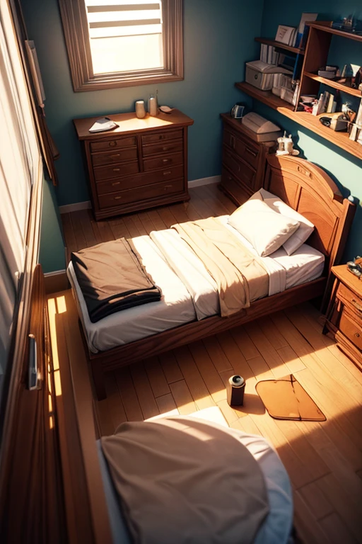 3D 3D Modeling Room, Tom Whalen style, distillation of form, tiny core, rich background, light brown and dark beige, scientific illustration, Toy core, gentlesoftlighting, dreamlike landscapes, 4KUHD, isometry, Tilt-shift top view 3D modeling bedroom room cute high-end elegant bedroom room