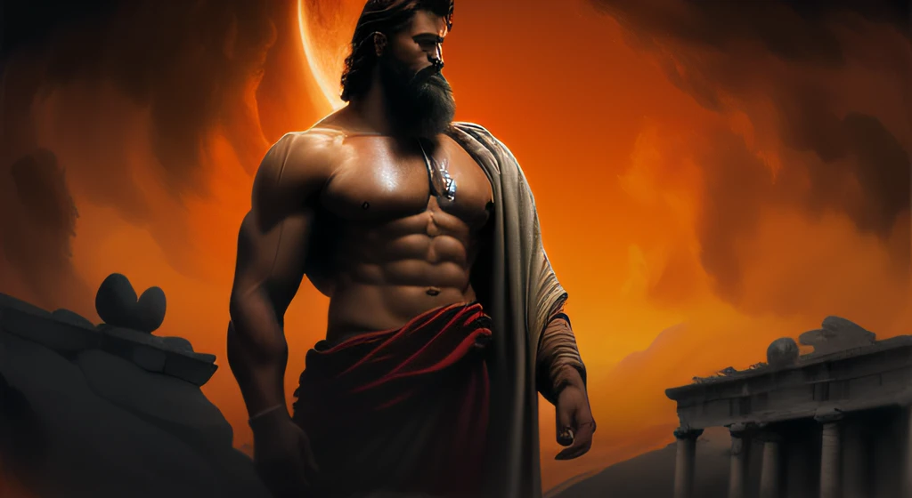 blurred image of a man with a beard and a red robe, Hefesto, O Deus Hefesto, Mito grego pintura digital, Retrato pintado de Zeus acidentado, portrait of demigod hercules, Furioso Deus Zeus, epic scene of zeus, inspirado em Exekias, O Deus Zeus, stoic, epic digital painting, por Exekias