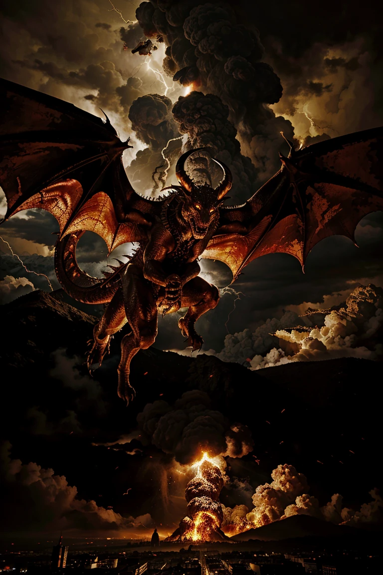 Produce a detailed representation of the dragon described in the biblical apocalypse prophecy, portraying him in an apocalyptic scenario engulfed in raging flames. Destaque sua pele escamosa, olhos penetrantes, and imposing wings as it rises amid the destruction, with lightning and dark clouds in the background. Use lighting and shadow effects to create a dramatic and intense atmosphere, conveying the dragon's magnitude and menacing power in this apocalyptic scene.