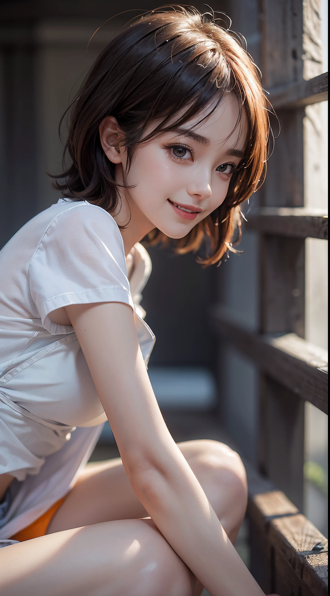 top-quality、8K、32K、masuter piece、nffsw:1.3)、Cute Japan Girl、女の子1人、short-hair、profile、(Split abs、slim figure:1.2)、(s lips) 、（Orange hair）、二重まぶた、shinny skin、Realistic rays、mare、beauitful face、(A smile:1.3)、crouching down、(From  above:1.2)、(a closeup:1.4)、shores、White T-shirt、blurry backround、(Front Focus)、(Dark: 1.6)、Fantasy Art、photoRealstic、Professional Lighting、extra detailed face、Award-winning、deep-shadows、((Ultra-realistic raw photos)),Detailed eyes,Lifelike eyes,Detailed hair,