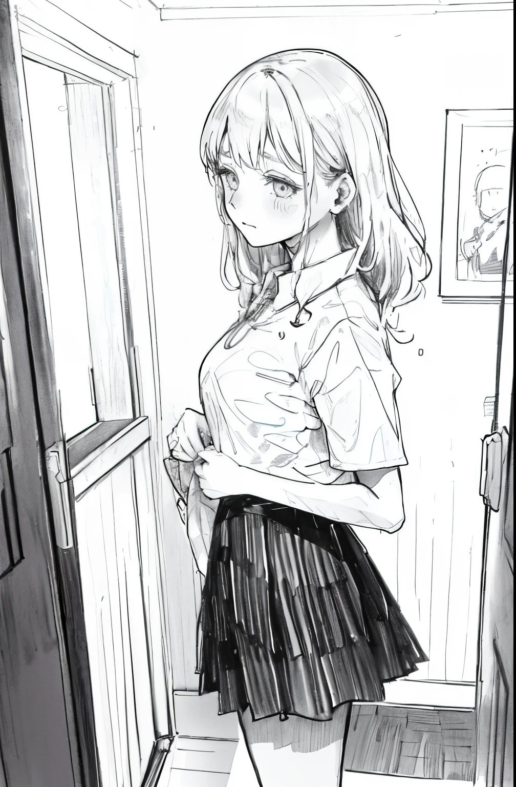 1girl in,line-drawing,monochromes,sketch,Pencil drawing,Traditional Media,1girl in, 校服、Female Student、black skirt fence, shortsleeves, Skirt, Solo、Standing、Cute age woman, ((wet woman)),The whole picture、Blonde hair、Blue eyes、at hotel's room、Standing、((Expression of distress))、((Close your eyes and be patient)) ,Love Juice,forced ,Squirt,penetration ,Ecstasy