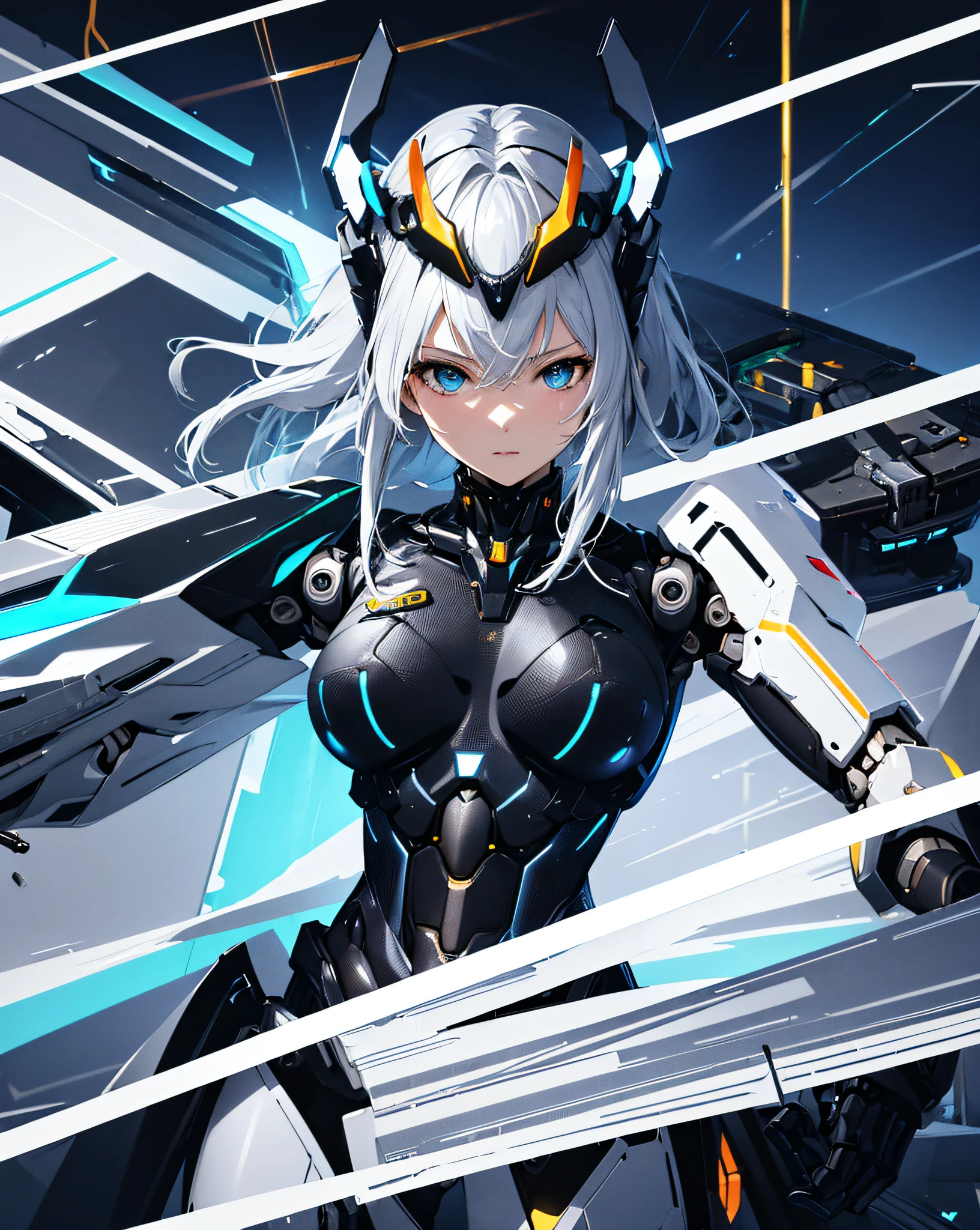 (best quality, highres), detailed girl with perfect abs, mecha musume, single mechanical arm, headgear, and mechanical halo, with realistic robot joints and mechanical parts. [Metallic] [Futuristic] [Vibrant colors] [Dynamic pose] [Powerful presence] [Shiny surfaces] [Technological background] [Intense light] [Glowing effects] [Stunning artwork] [Captivating composition] [Highly-detailed illustration] [Distinctive style] [Sharp focus]