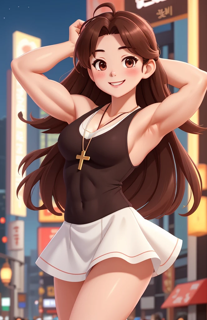 attractive korean woman, ripped muscle, muscular body, small breast, pale skin, smile(blush), sundress, cross pendant, sixpack abs, [ultra detailed skin:1.2], brown hair, messy hair, 8k uhd, full body, stand, crowd, public, night,