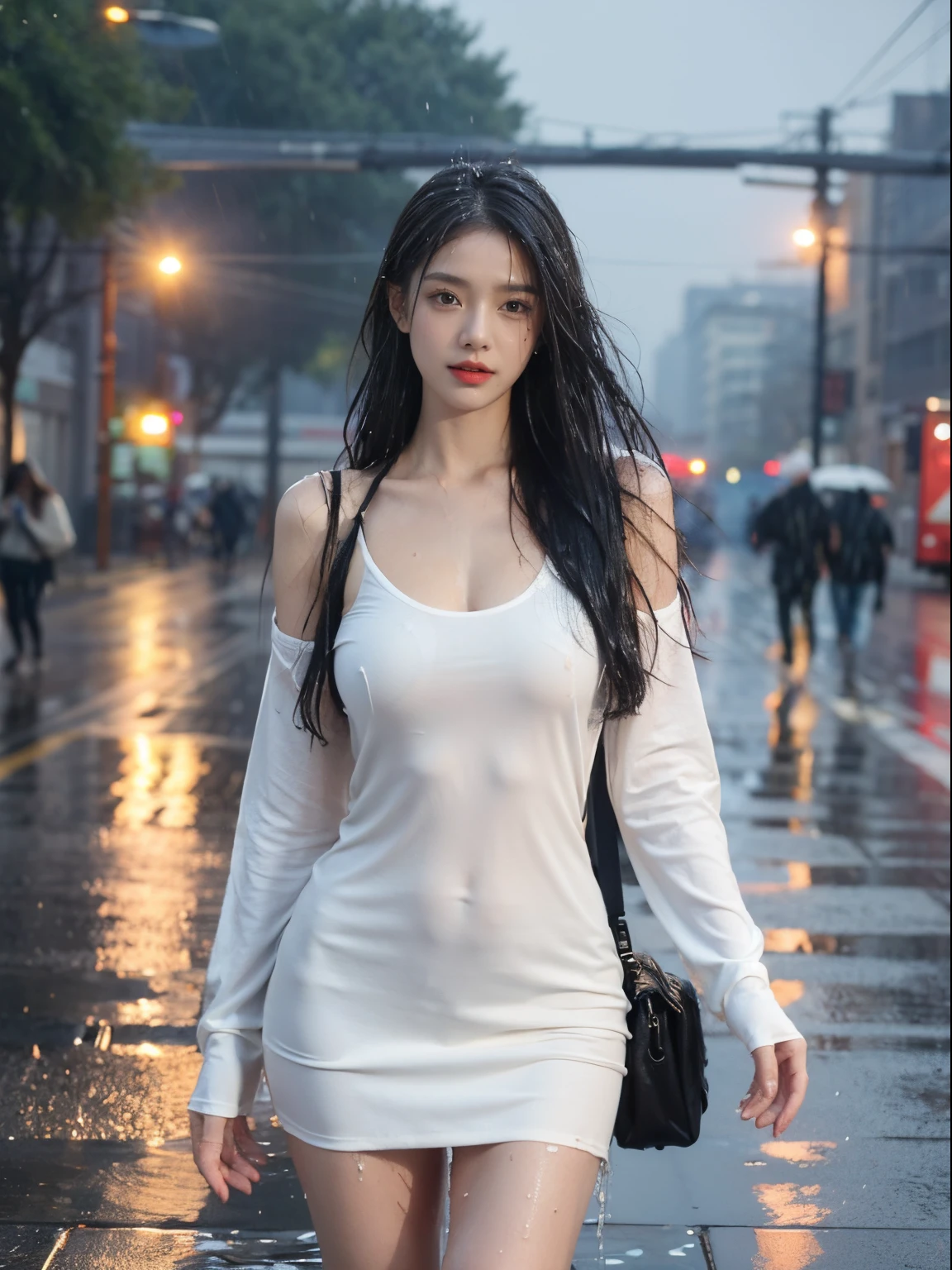 (1girl, ),looking at viewer, (colorful) long hair, picture-perfect face,flowing hair,(photostudio),constructivist style,(masterpiece, top) professional quality artwork, famous artwork,HDR,UHD,8K,(Long legs)(In the street:1.5),(Rainy day) (drenched:1.5)(mist:1.2)(Get wet）(raining:1.3),(nsfw:1.1)(Clothes are wet:1.5)（bodycon dress）(Close-up)（nsfw:1.5）