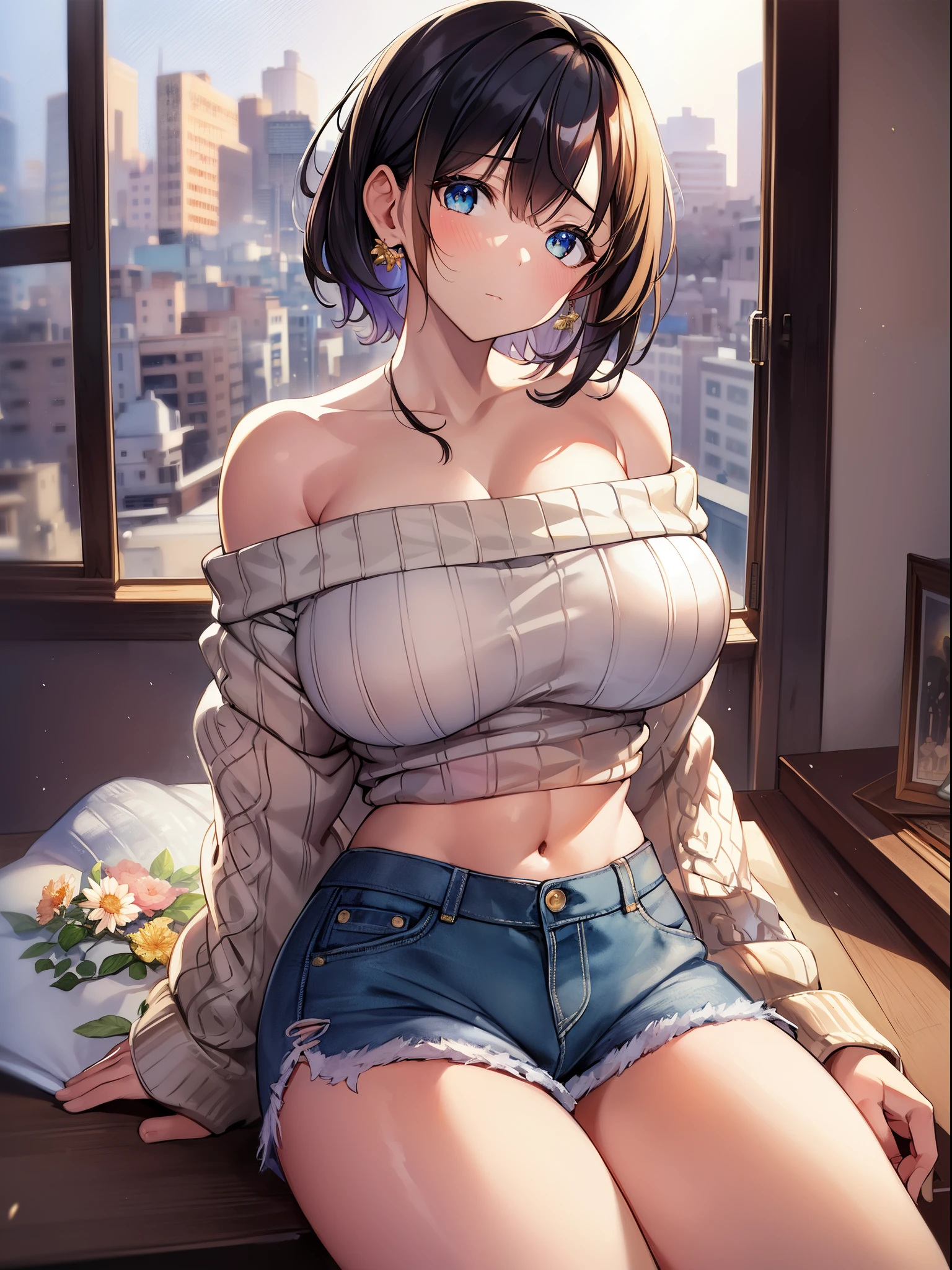 (), huge tit,(masutepiece), Best Quality, Extremely detailed, (watercolor paiting), bloom, Delicate and beautiful, Illustration, (From below),(1girl in:1.4), (Solo:1.2), Large breasts, (Ribbed sweater:1.3), off-the-shoulder sweater, (Short shorts:1.2), Bare shoulders, (underboob), ((Dark skin:0.8)), Beautiful eyes, (disheveled hair ), Photography, over-the-shoulder shot, by Alex Maleev, Professional, Canon Camera, Nikon Camera, sharp, Bokeh, Studio Quality, fish-eye lens, by Robert Capa ,