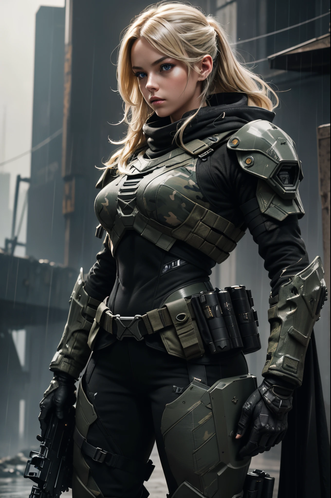 {{{{{masterpiece, best quality, official art, 8k, high resolution illustration}}}}}, Postapocalyptic combat scene, hyperrealistic, Runic tattoos, (((wearing full heavy black tactical armor, Neon highlights))) combat pose, (((Holding on to the side of a combat Sci-Fi Combat tank))), exterior of Destroyed building, Fires, Smoke, debris, Camo netting, Ammo Boxes, Rain, Stormy, Wet, abstract beauty, near perfection, sci-fi detailed rifle, {{combat helmet}}, 1girl, intricate detail, 8k post-production, High resolution, trending on ArtStation, sharp focus, studio photos, intricate detail, Very detailed, nordic female, {{{black armor}}}, blonde hair, blue pulpils, {german army uniform}, iron cross, perfect eyes, athletic, {{broad shoulders}}, defined abs, bicep, muscular girl
