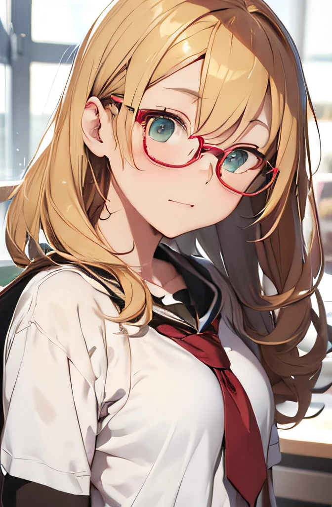 fully body photo,teens girl(17 only),Golden hair,bobhair,Green eyes,Red-rimmed glasses,High school students