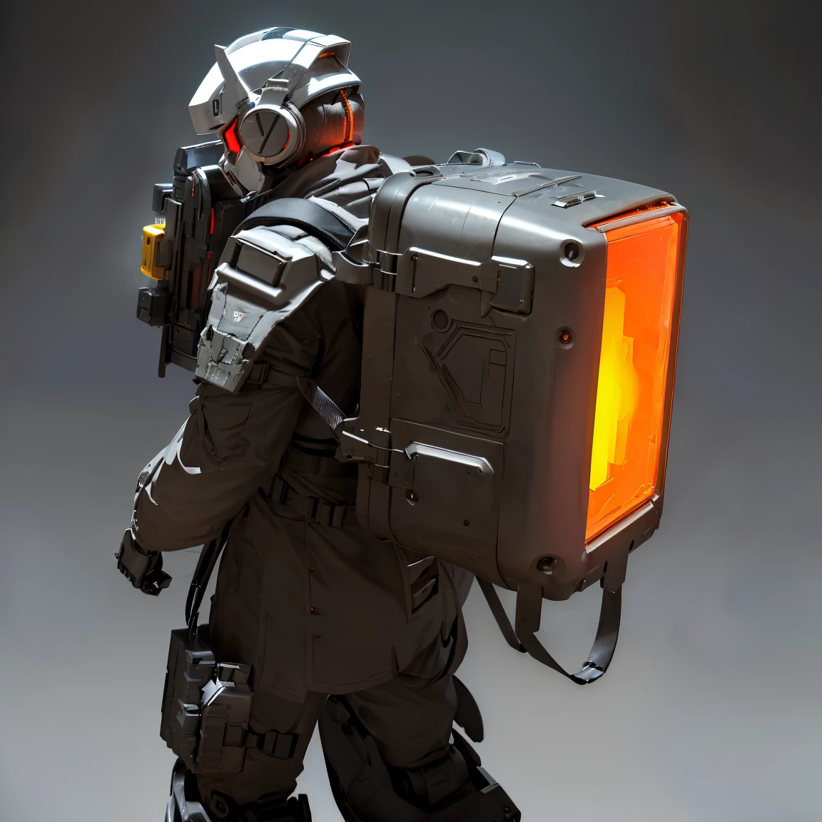 Mecha warrior,((Mechanical soldiers,Templated rudimentary equipment:1.3)),Alone,((Tactical helmets,Mechanical headphones,Combinable retractable and foldable shield,An electric heat gun with a tip that heats up and turns red,There is a line extending from the backpack and connected to the rear of the weapon,The backpack is a rectangular battery backpack,high detailed backpack)),（（lead black shell,Exoskeleton mech,The mecha is half-covered and half-exposed，Silver metal border.:1.4））,HUMANOID MACHINERY,mechanicalparts,Industrial feel,(the golden ratio:1.2),Works of masters,[(white backgrounid:1.4)::10](meticuloso), (Complicated details), (电影灯光, Best quality backlight), 清晰的线条,