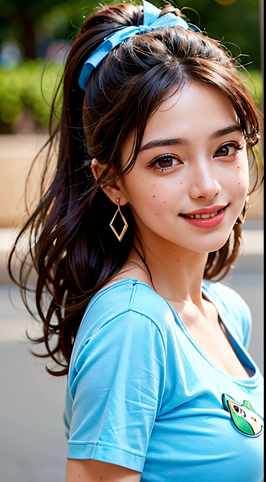 (8k, RAW photos,best quality, high resolution:1.1), (hyperrealistic:1.4),(realistic, photorealistic:1.3), soft light,big breasts,girl,realistic face,realistic body,realistic skin,absurdity,masterpiece,(cute:1.8), cuties, solo, (big breasts:1.2), detailed black eyes,innocent eyes,blusher,(t-shirt:1.2), cinema light,film grain,jewelry,earrings,((Medium hair:1.1)),((Floating Hair Novafrog Style)),cherry colored lips,hair ribbon,hair bow,ponytail,closeup,look viewer,long hair,upper body,open lips,upper teeth, (smiling eyes:0.6),((grinning:1.2)),depth of field, blurred background, eye focus, Bokeh,Young, 85mm Lens, f/1.4,Professional Lighting, Young,Portrait,Photon Mapping,Radiosity,Physically Based Rendering,No Bra