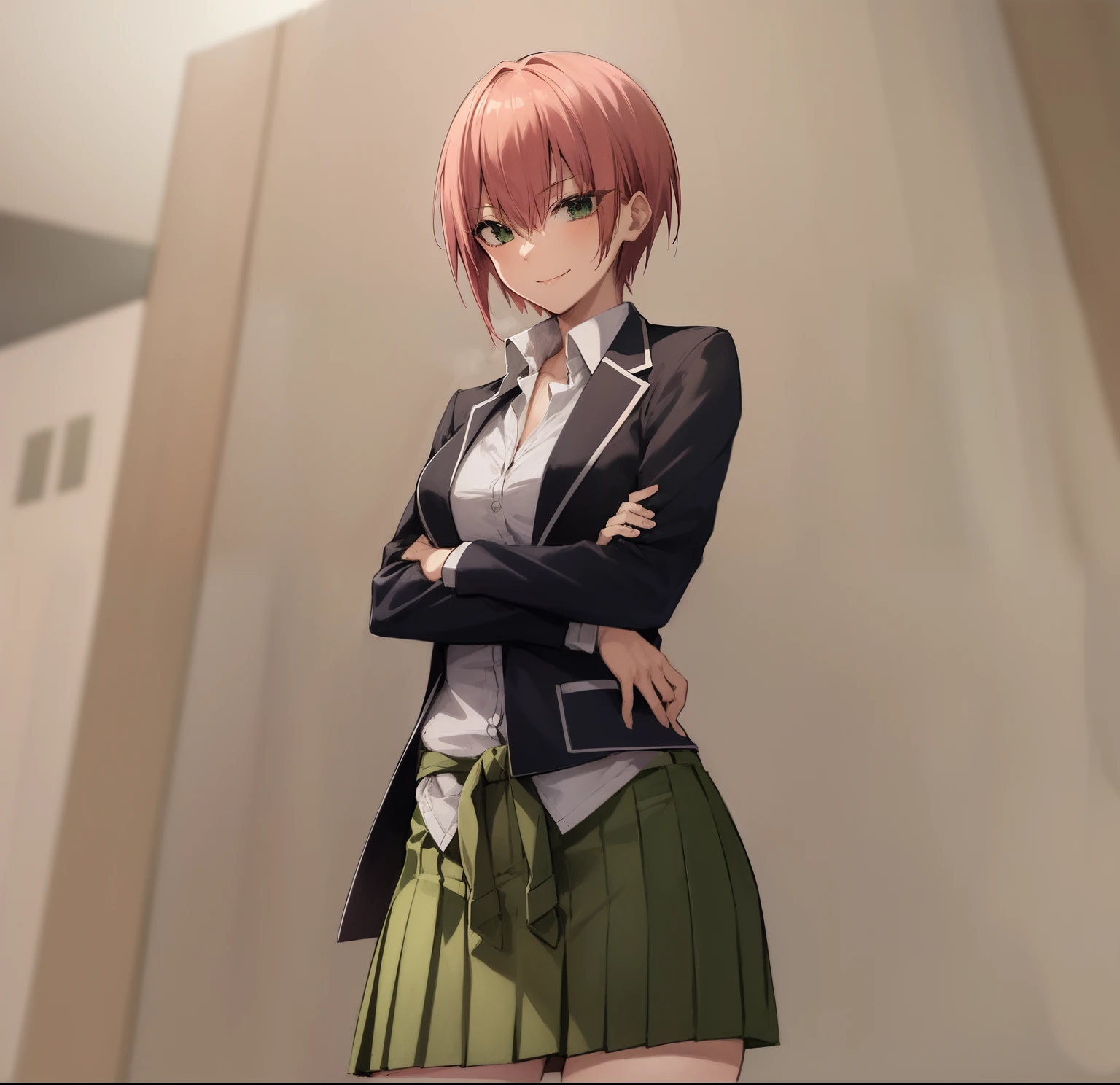 2d, masterpiece, best quality, anime, highly detailed, 1girl, solo, full body, nakano ichika, pink hair, short hair, ahegao, cardigan around waist, blazer, collared shirt, green skirt, standing, straight-on, smile, white background, simple background