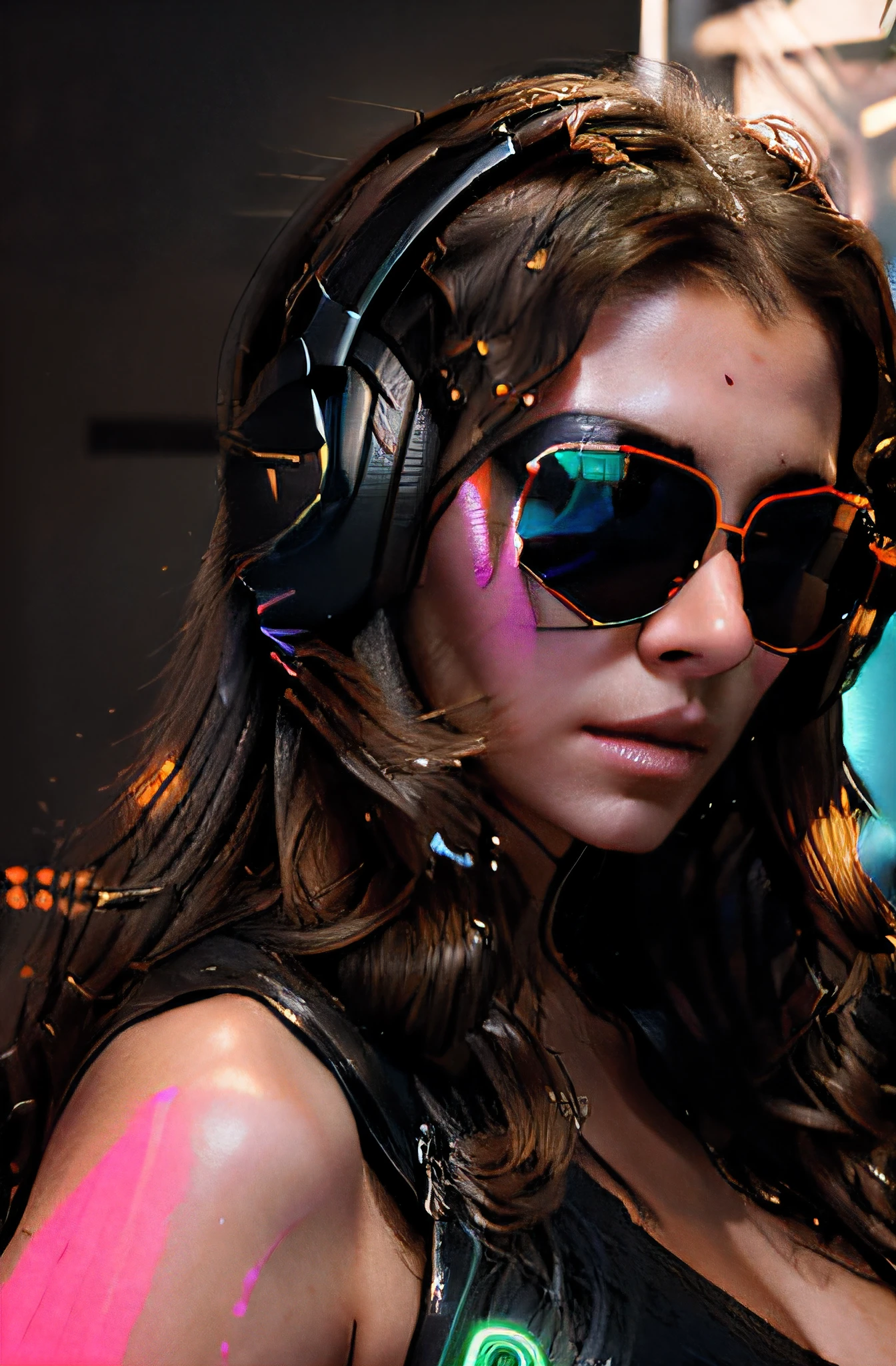 (brown long curly hair, beautiful woman, sunglasses, full size headphones, dark room, neon cyberpunk at night, coordinator neon glow, ultra-detailed, photo-realistic:1.37), portraits, vivid colors, studio lighting