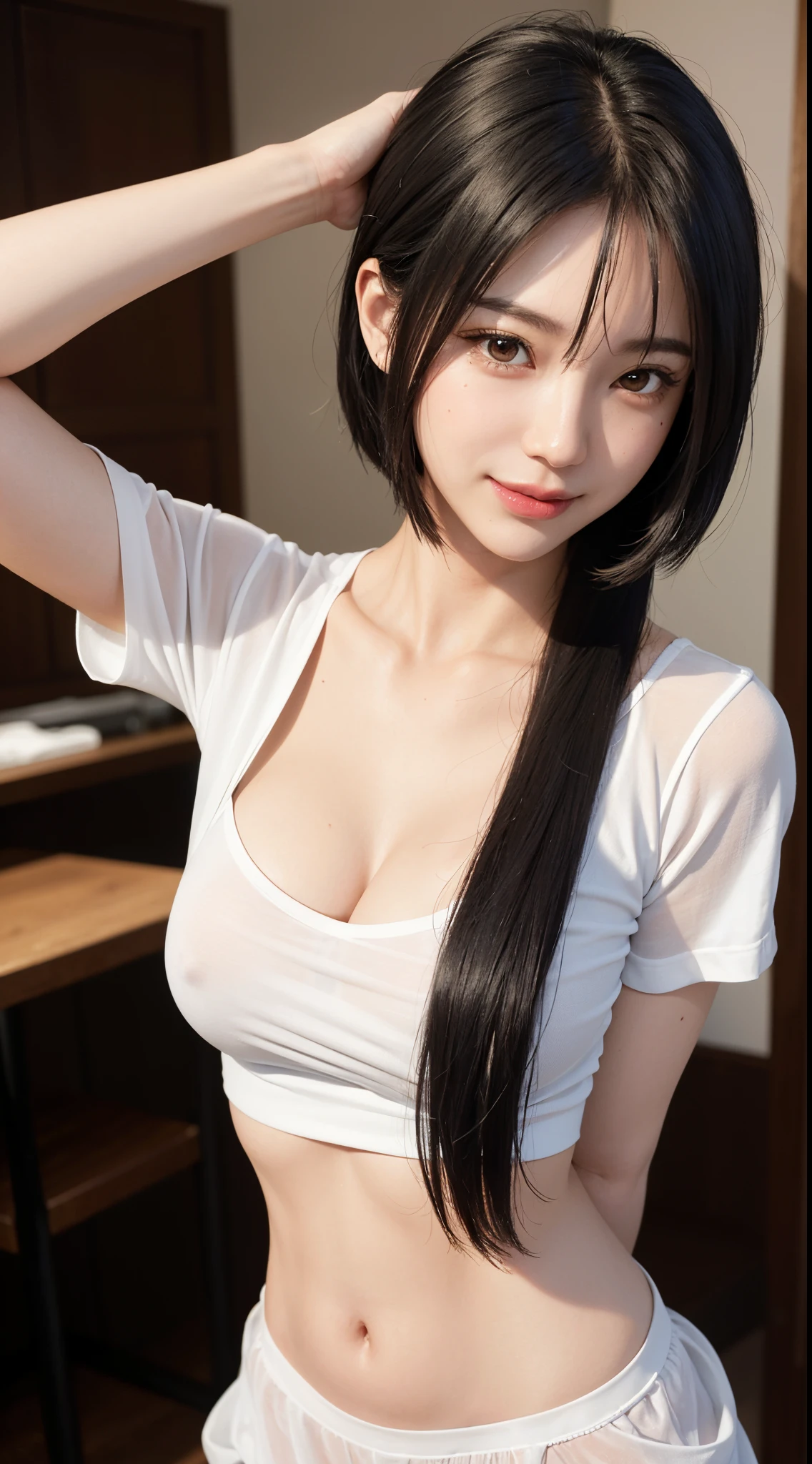((Beauty like a model)), Japan Girl,1 persons,​masterpiece, The highest image quality, ultra-detailliert, (perfectbody:1.2,Best Quality:1.2), ((Perfect face+black shiny hair)), Close up of, ((short bob wolf cut)),Viewer's Perspective, detailed hairs、Detailed eyes(realisticeyes),profetional lighting,(Black eyes),slenderbody,adult lady,About 28 years old,glamor,kindly smile,Lashes,二重まぶた,Raw photo,Sexy lips,((Lovely smile)),((she crumpled her face and smiled)),abdominals,Constriction,((piercings)),((white shirt large)),Ultra-realistic raw photos,((realisticeyes)),realskin,the background is dark black,shadings,dynamic shadow,