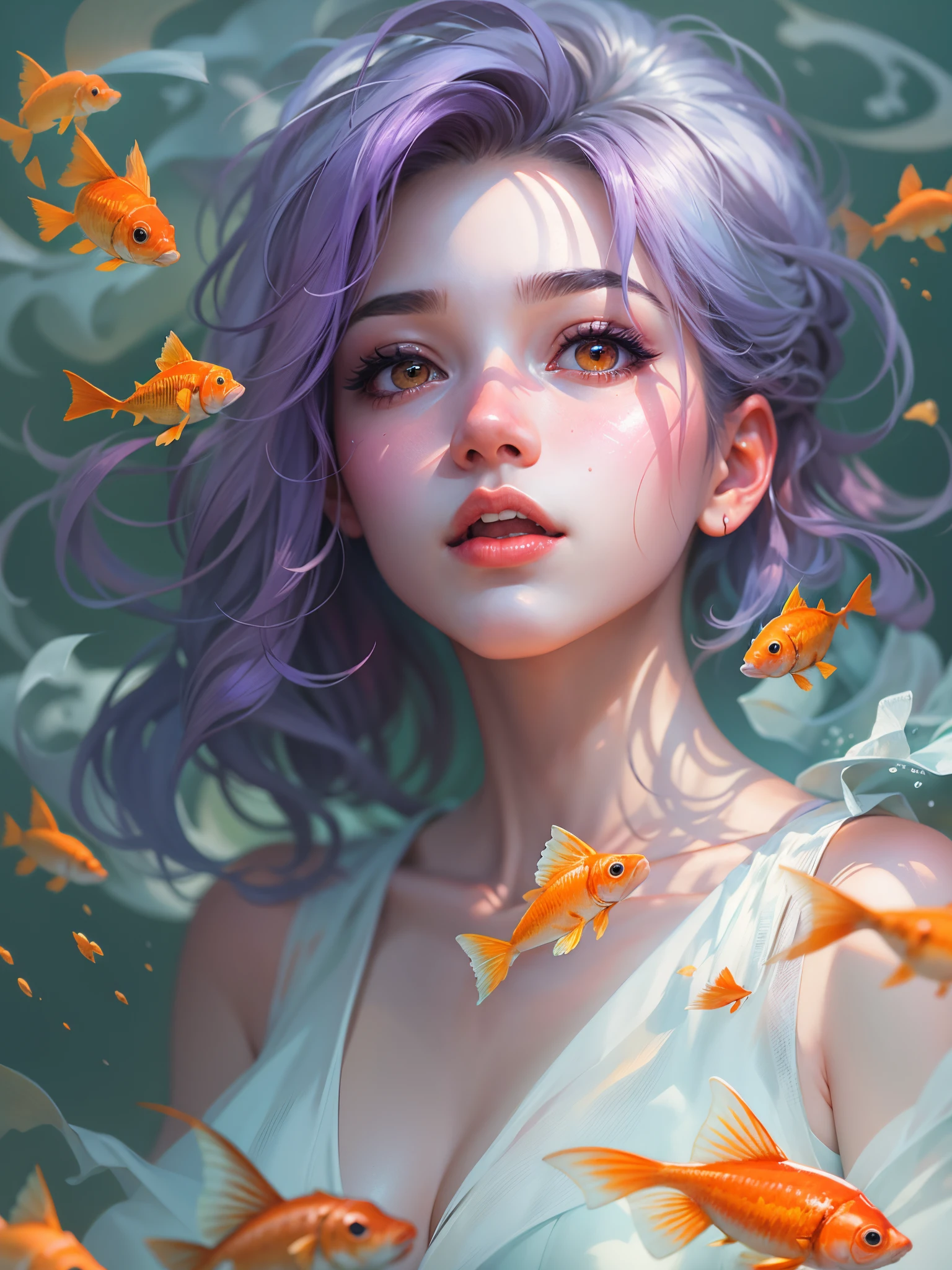 A picture of purple hair、Drawing of woman in white dress and goldfish, Guweiz style artwork, ross tran 8 k, A beautiful artistic illustration, beautiful digital illustration, inspired by Yanjun Cheng, detailed digital anime art, guweiz on artstation pixiv, stunning digital illustration, loish and wop