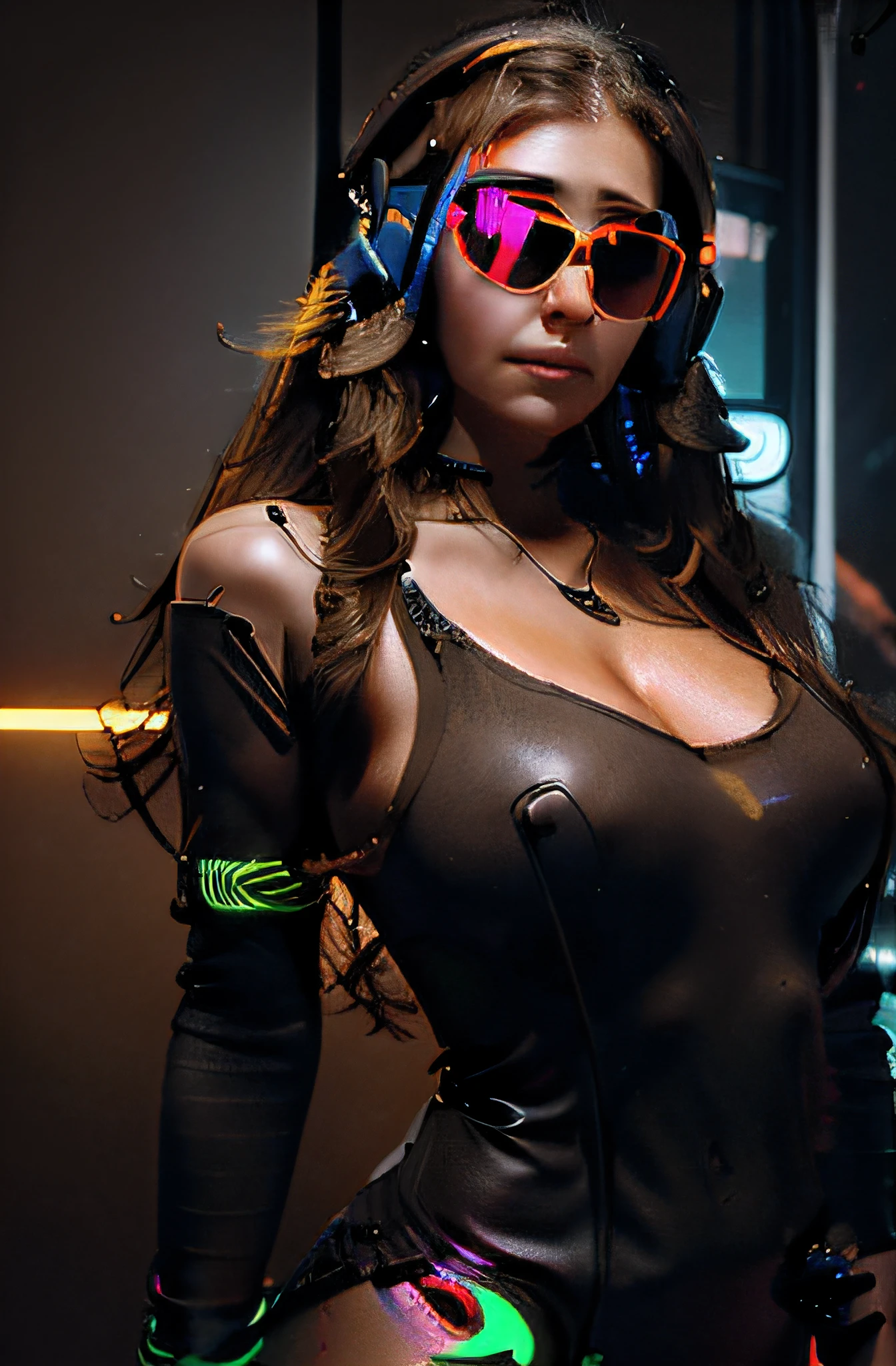 (brown long curly hair, beautiful woman, sunglasses, full size headphones, dark room, neon cyberpunk at night, coordinator neon glow, ultra-detailed, photo-realistic:1.37), portraits, vivid colors, studio lighting